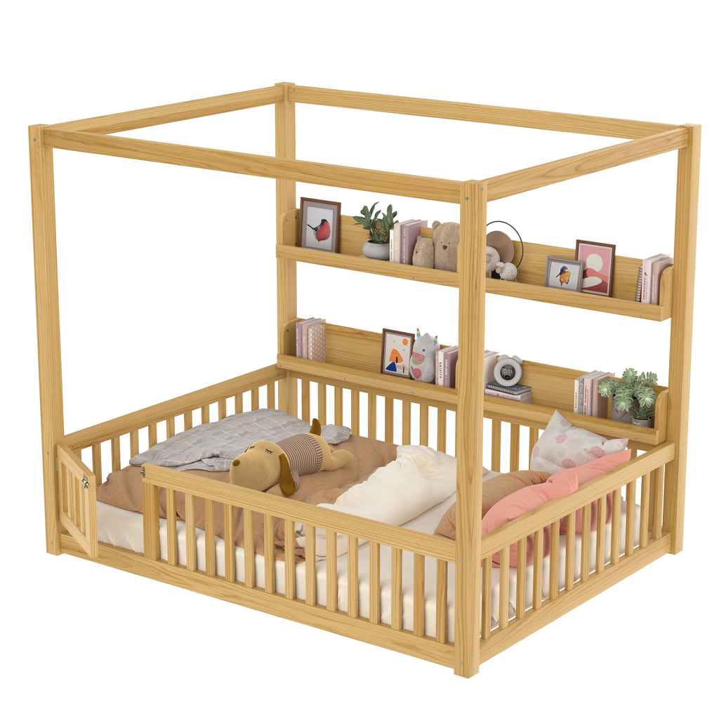 Full Size Canopy Bed with Guardrails, Solid Wood Floor Bed with Shelves, Montessori Floor Bed Frame for Kids, Boys, Girls, No Spring Box Needed, Natural