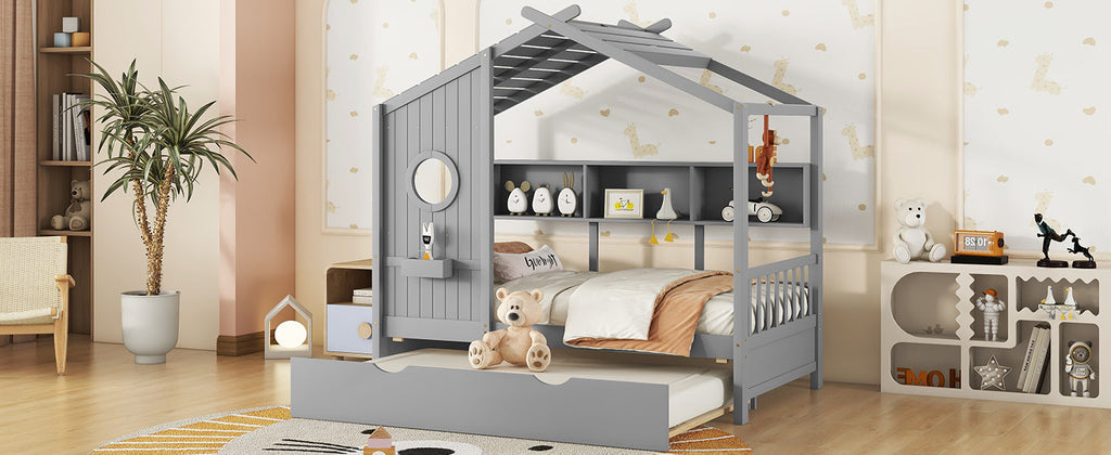 Wooden Twin Size House Bed With Trundle, Modern Design for Kids with Storage Shlef, Gray(old SKU HL000094AAE)