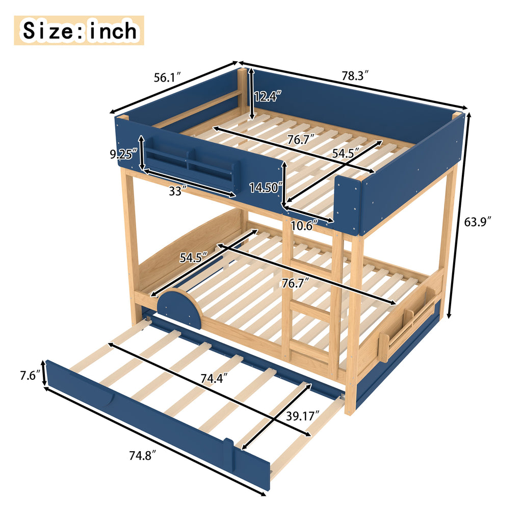 Full Bunk Bed with Trundle , Wood Bunk Bed Frame with Built-inBookshelf and High-quality Safety Guardrail,Automobile Form Design for Kids ,Blue＆Natural.