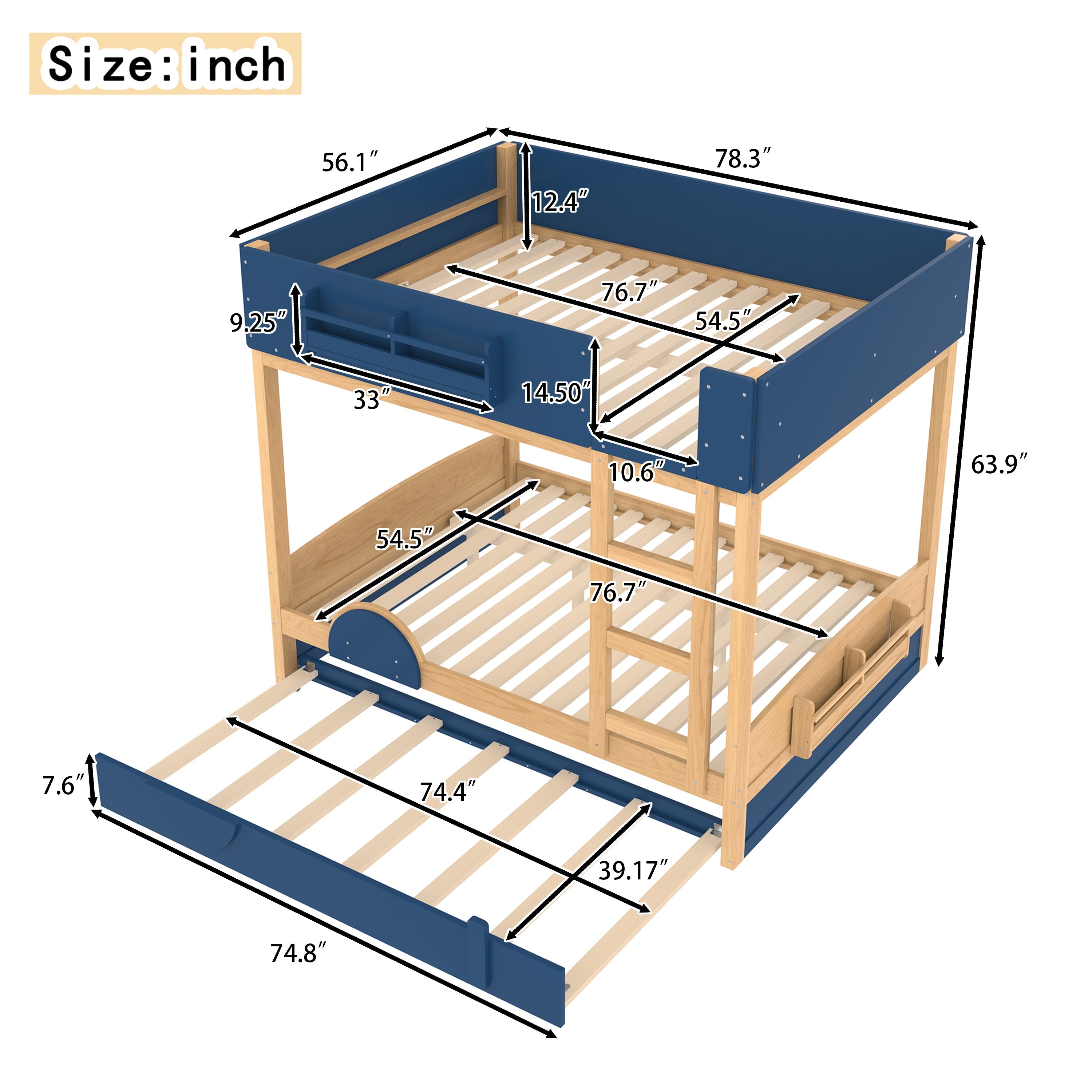 Full Bunk Bed with Trundle , Wood Bunk Bed Frame with Built-inBookshelf and High-quality Safety Guardrail,Automobile Form Design for Kids ,Blue＆Natural.