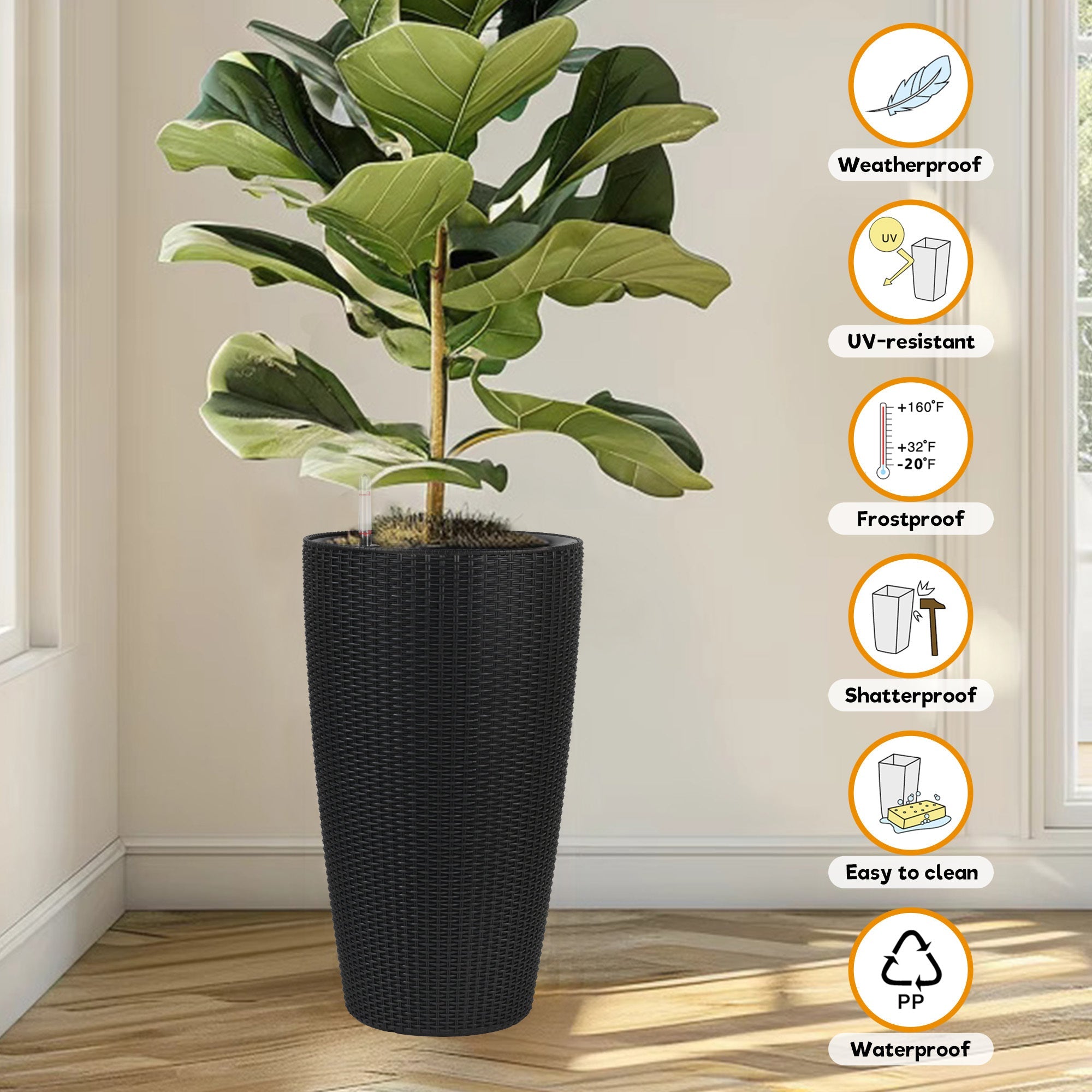 Faux Rattan Tall Planters Set with Water Level Monitor and Auto Watering, Black, Polypropylene, 22 Inch