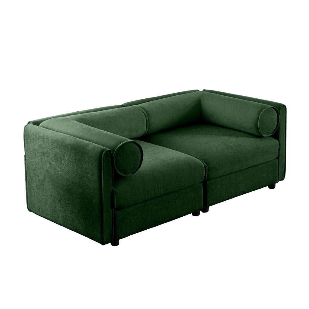 Stylish Green Chenille 2-Seater Sofa with Storage Seat, Cylindrical Backrest and Armrests, Modern Fabric Loveseat Featuring Hidden Storage Space