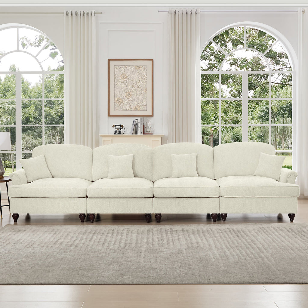 Elegant Mid Century Large 4 Seater Sofa Couch with Flared Arms and Removable Ruffles Pleats Skirts and Spindle Legs, Comfy Chenille Four-Seat Sofa for Living Room, Beige White
