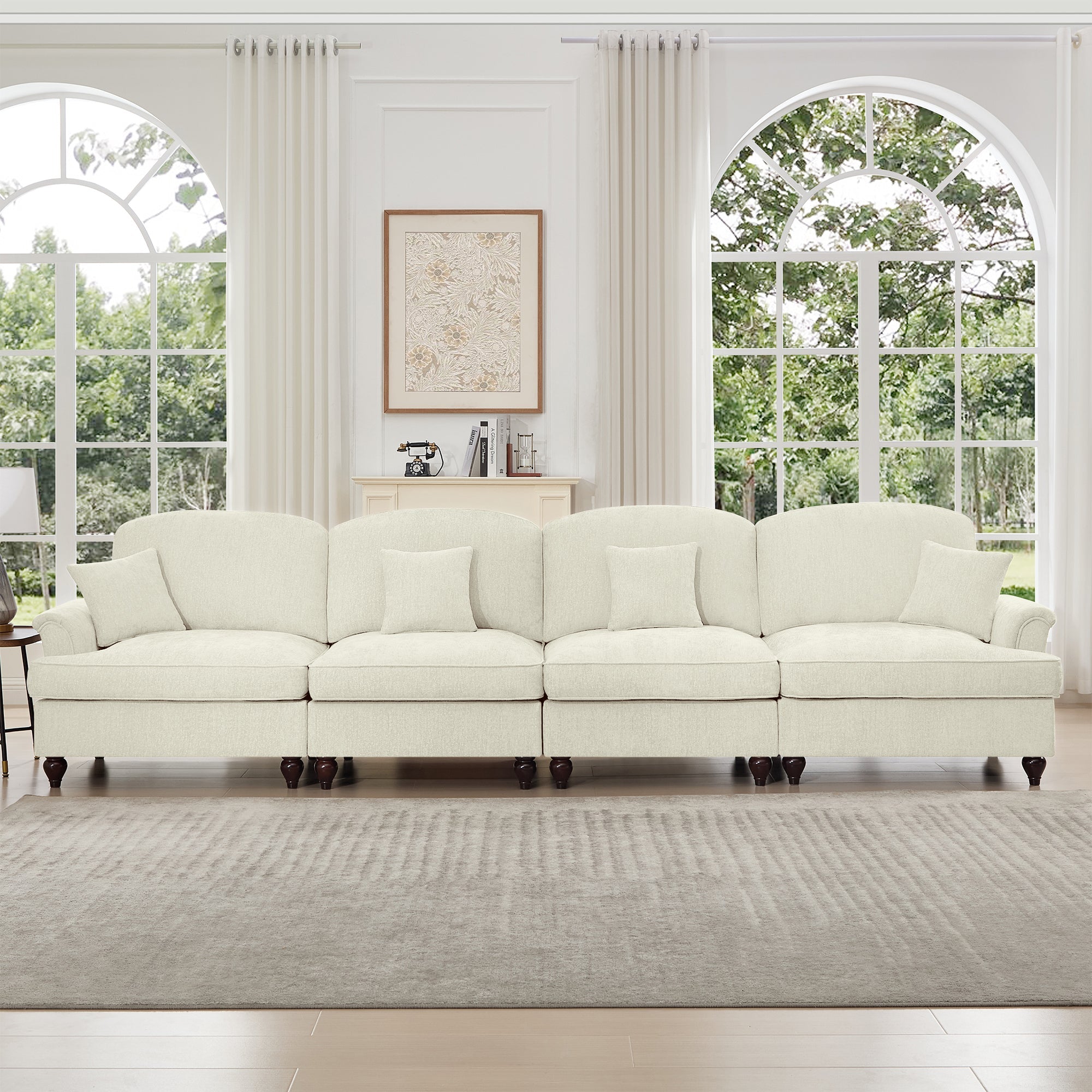 Elegant Mid Century Large 4 Seater Sofa Couch with Flared Arms and Removable Ruffles Pleats Skirts and Spindle Legs, Comfy Chenille Four-Seat Sofa for Living Room, Beige White