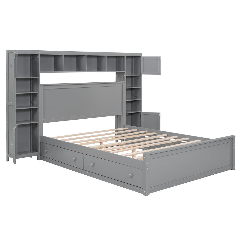 Queen Size Wooden Bed With All-in-One Cabinet, Shelf and Sockets,Twin XL Trundle, Gray