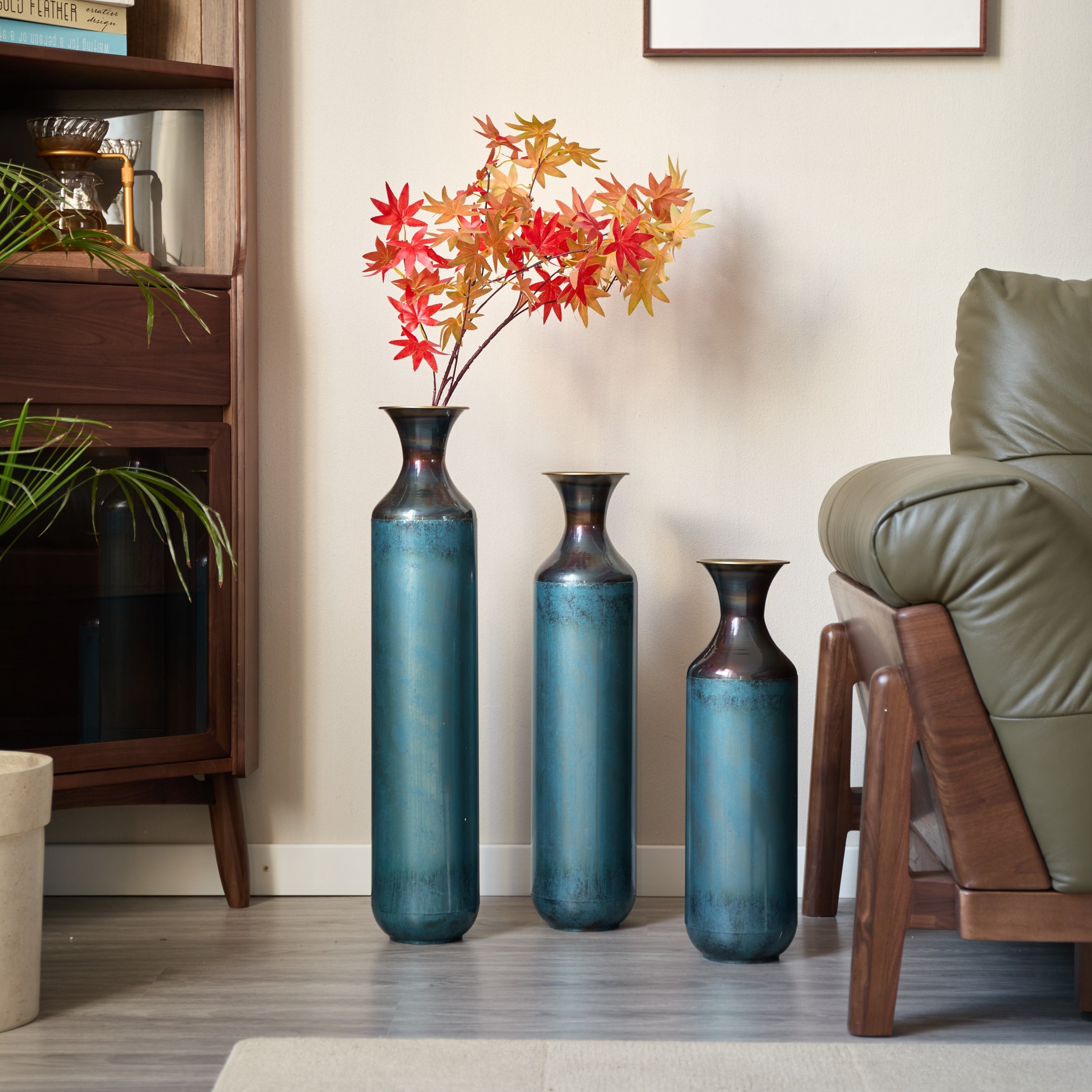 Modern Droplet-Shaped Floor Vase Set – Aqua Blue Glazed Metal Decorative Vases – 3-Piece Home Decor in 20.4 In, 24.4 In & 28.34 In Heights