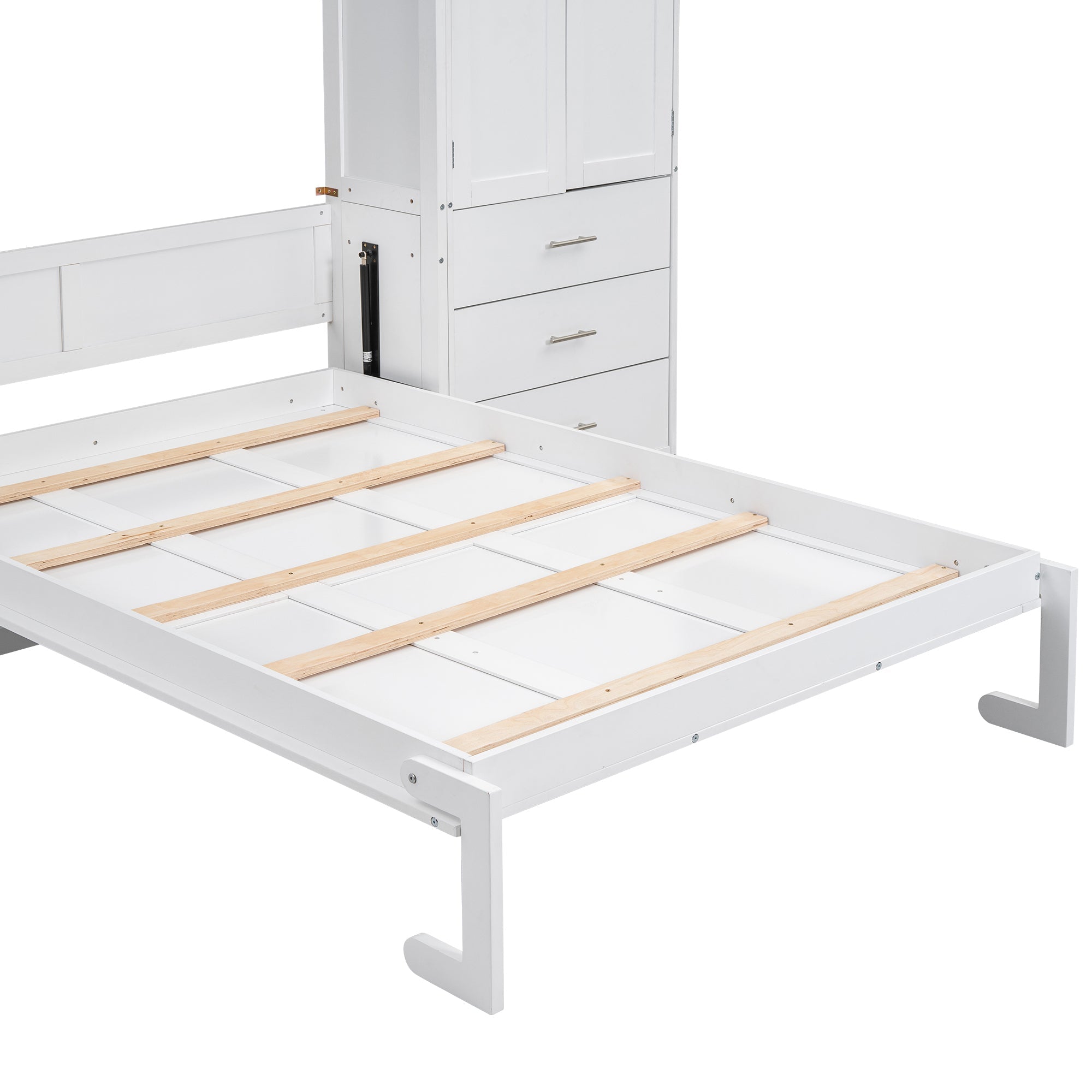 White Full Size Murphy Bed with Lockers and Wardrobes, MDF+Pine, 108.4''L x 15.7''W x 99''H