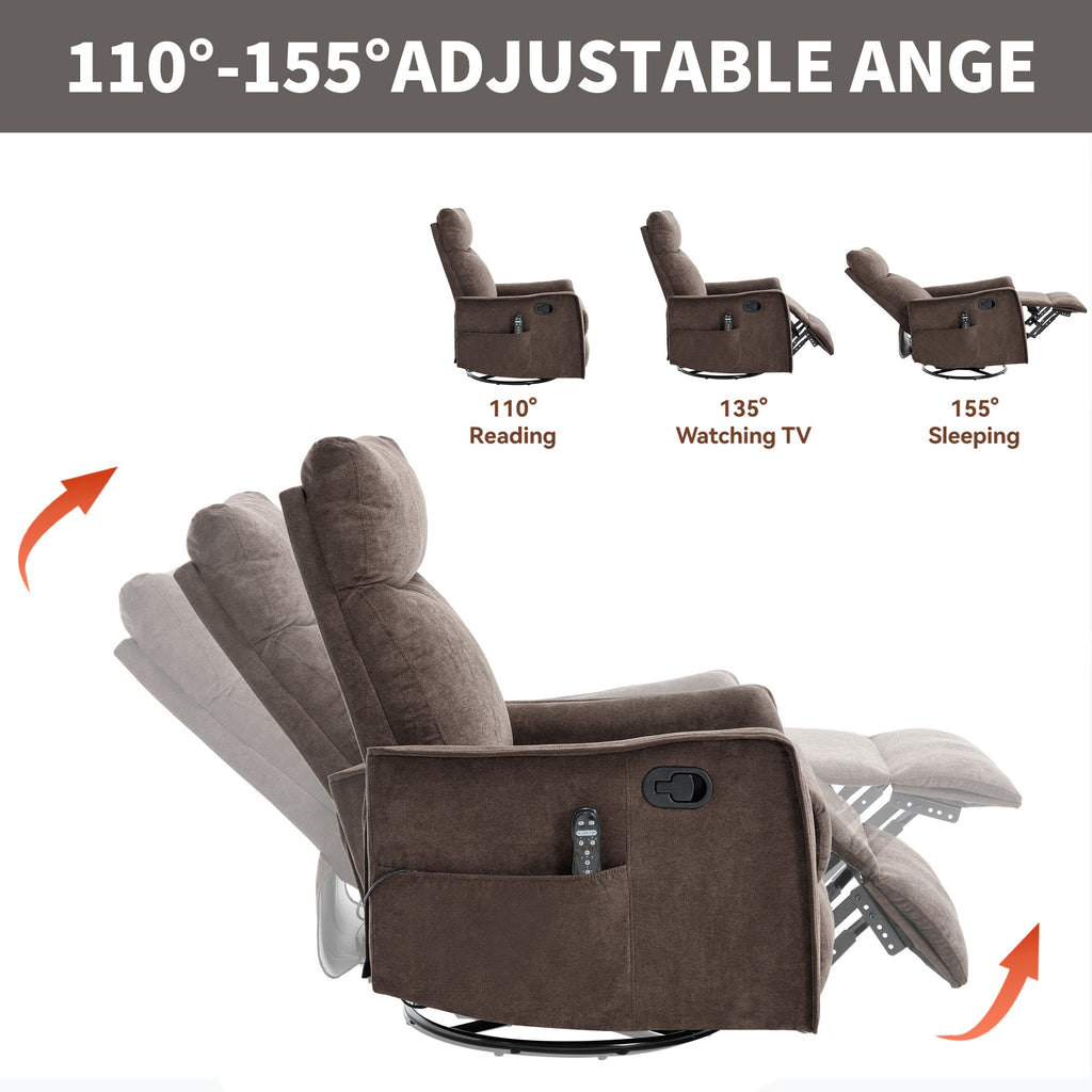 Heat Massage Manual Recliner Chair with Rocker and Swivel in Fabric for Living Room, Brown