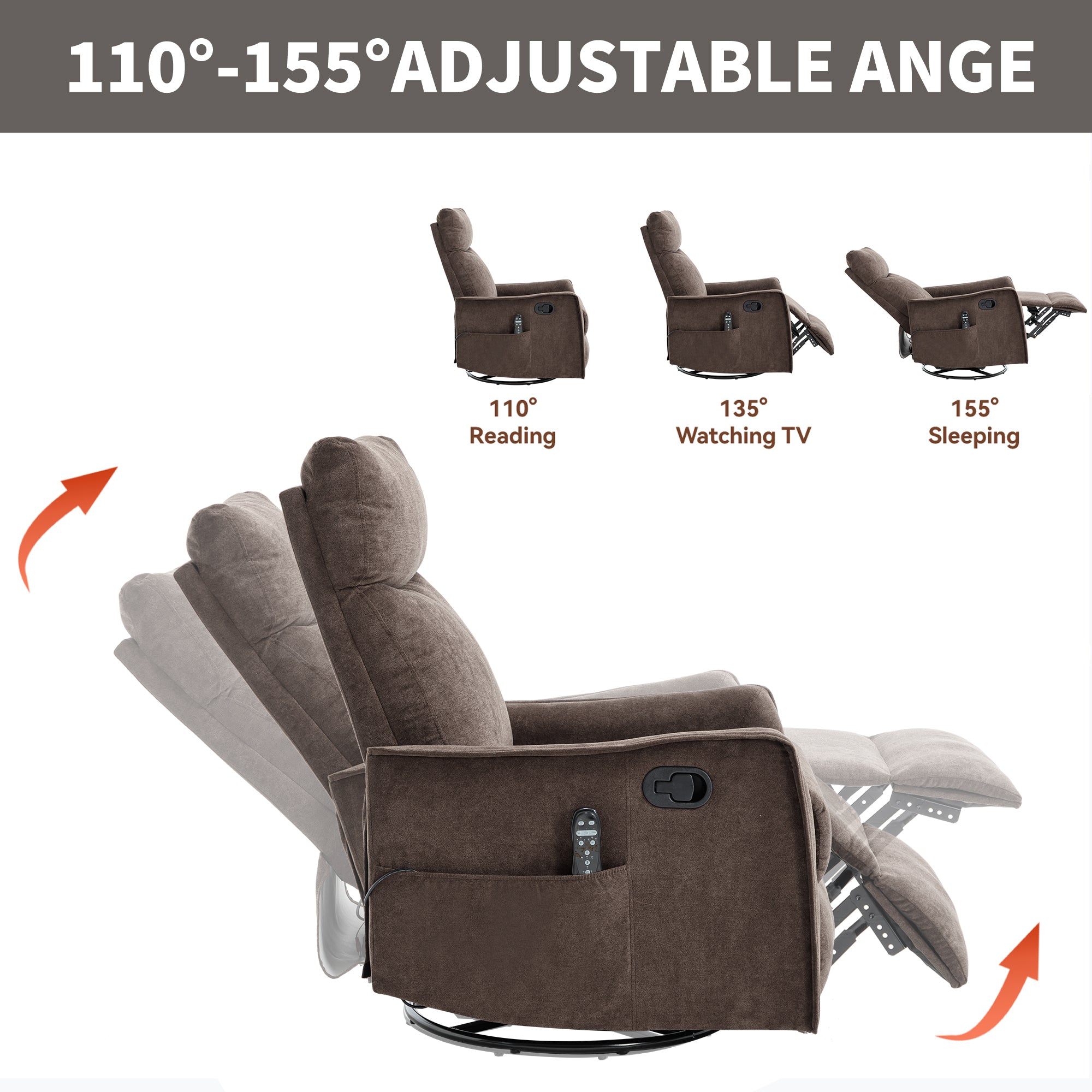Heat Massage Manual Recliner Chair with Rocker and Swivel in Fabric for Living Room, Brown