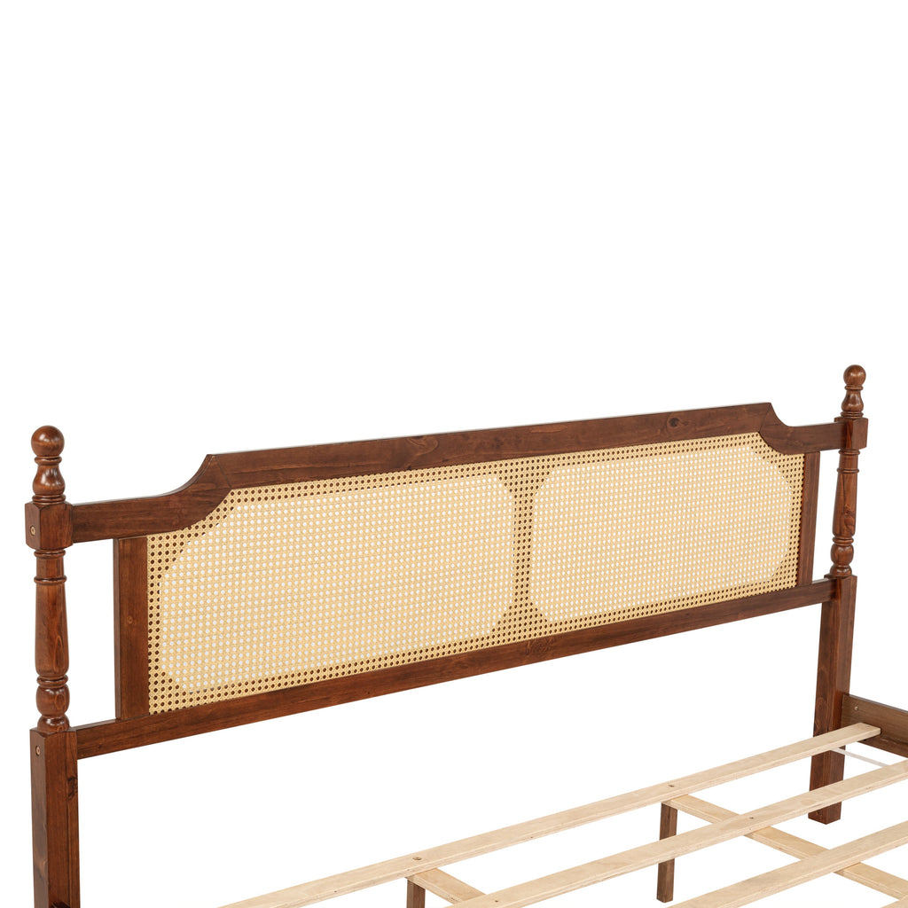 King Pine wooden Bed with Rattan Headboard  and Footboard, with  Central Enhanced Bed Platform,Walnut