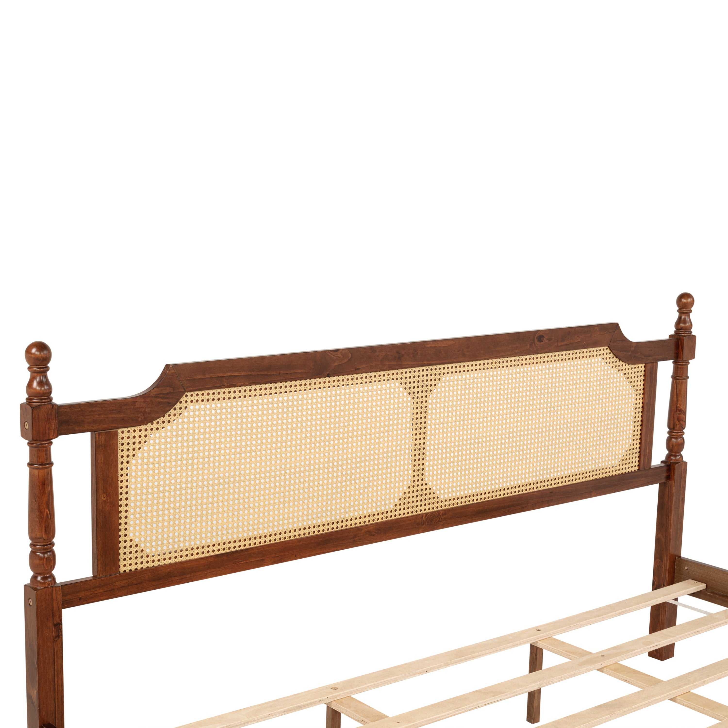 King Pine wooden Bed with Rattan Headboard  and Footboard, with  Central Enhanced Bed Platform,Walnut