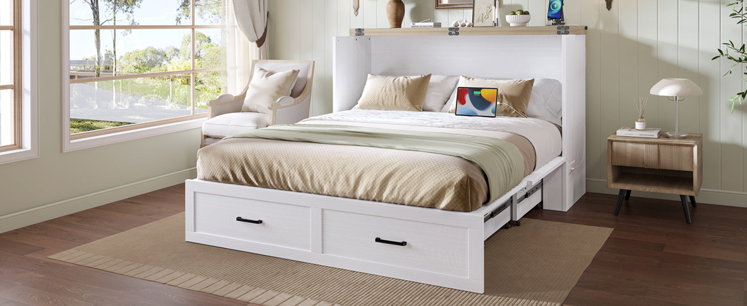 Murphy Bed Cabinet Queen Size with Charging Station, Multi-Functional Foldable Platform Bed with 1 Large Storage Drawer for Guest Room, Small Bedroom, White