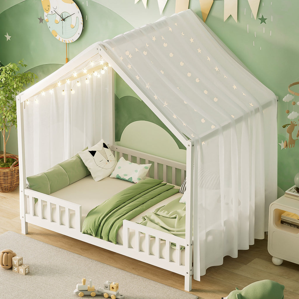 Montessori Floor Bed with Canopy, Full Bed Frame for Kids, House Shape Kids Bed Frame with High Railings, Wood Kids Bed with Roof, Kid Full Bed, White