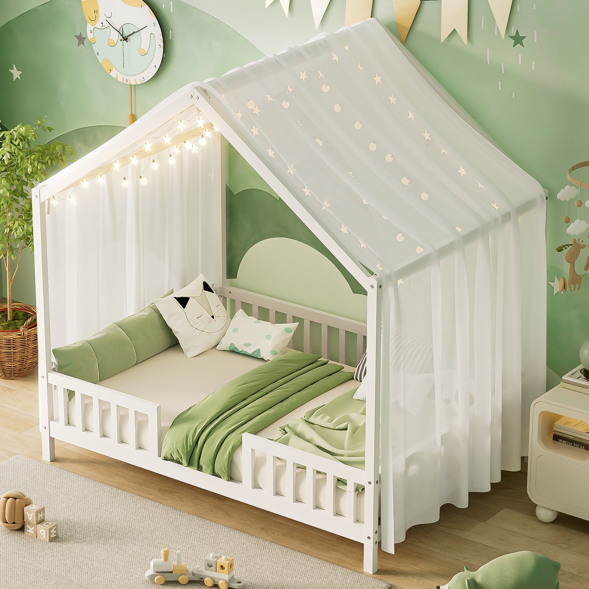 Montessori Floor Bed with Canopy, Full Bed Frame for Kids, House Shape Kids Bed Frame with High Railings, Wood Kids Bed with Roof, Kid Full Bed, White