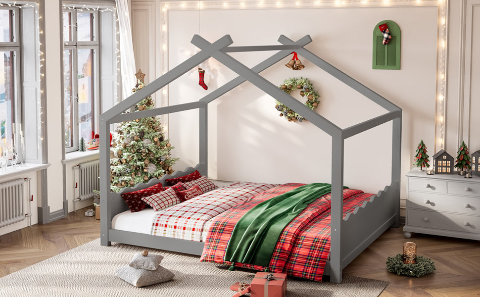Queen House Floor Bed with Support Slats, Solid Wood House Bed Frame for Kids, No Box Spring Needed and Opening Constructure, Gray