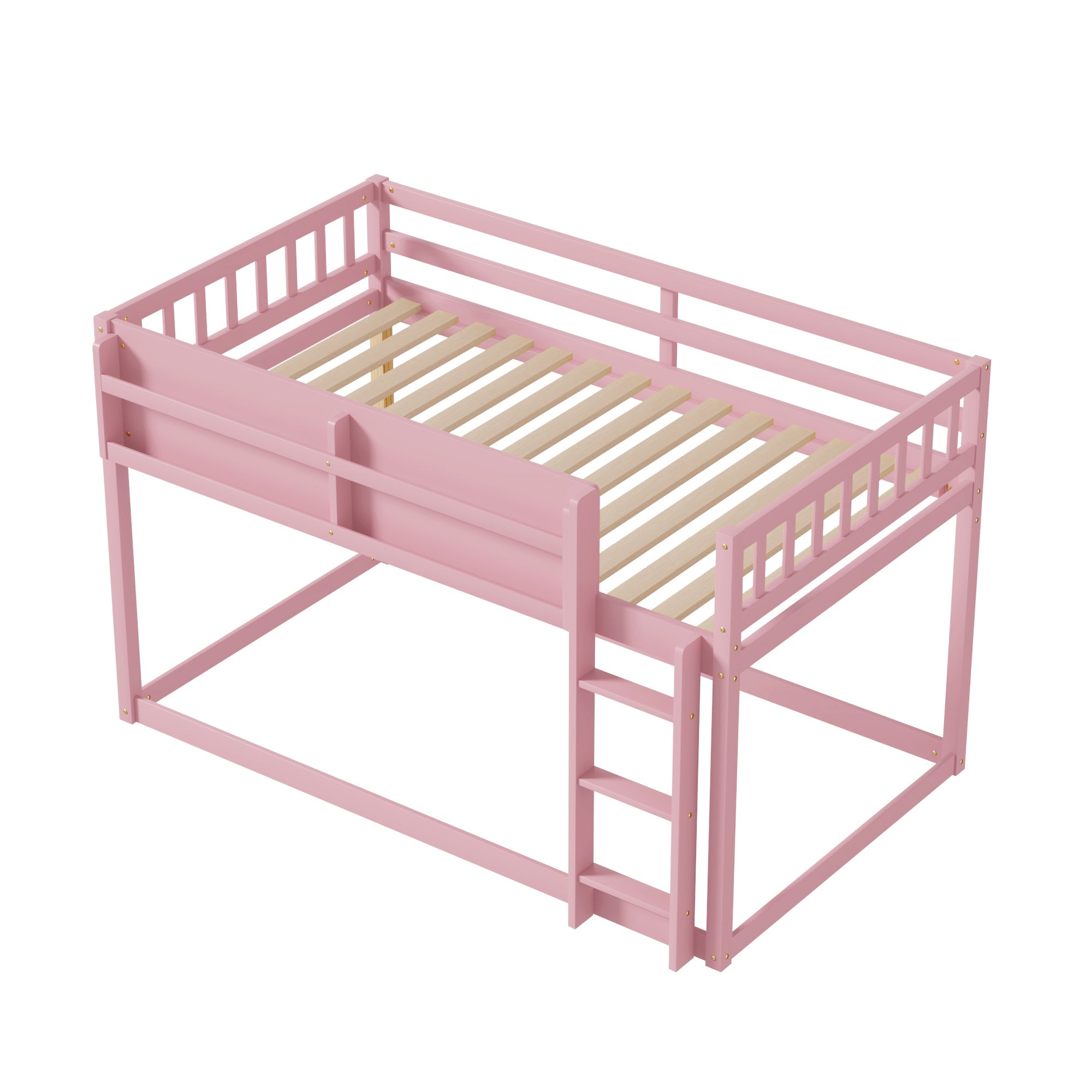 Low Twin Over Twin Bunk Bed, Floor Bunk Bed with Ladder, Solid Wood Twin Bunk Bed for Kids & Juniors, Pink(Expect Arrival Date 2025/11/25)