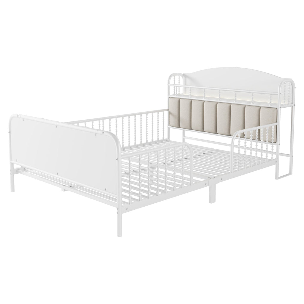 Full Size Metal Platform Bed Frame with Light, Kids Full Metal Bed with Upholstered and Storage Headboard, White (Expect Arrival Date 2025/10/5)