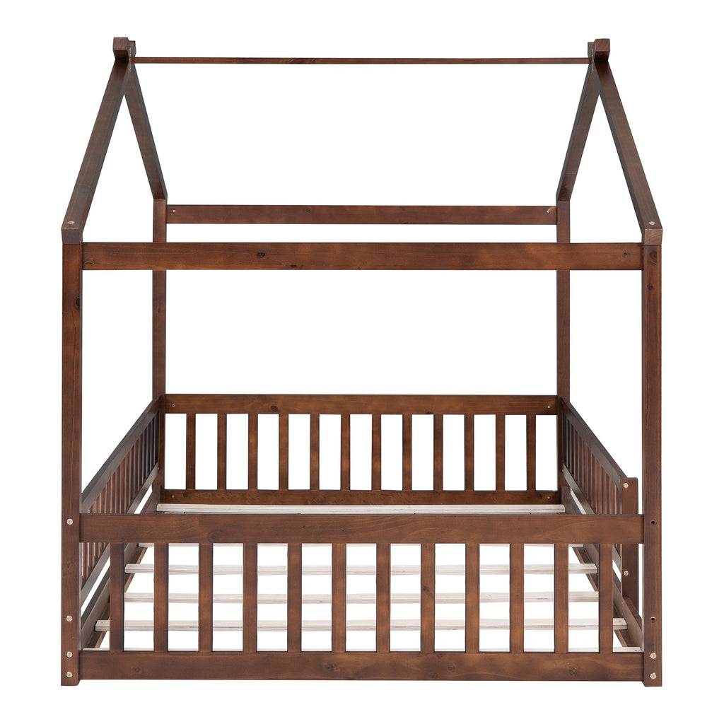 Full Size Wood Bed House Bed Frame with Fence, for Kids, Teens, Girls, Boys,Walnut