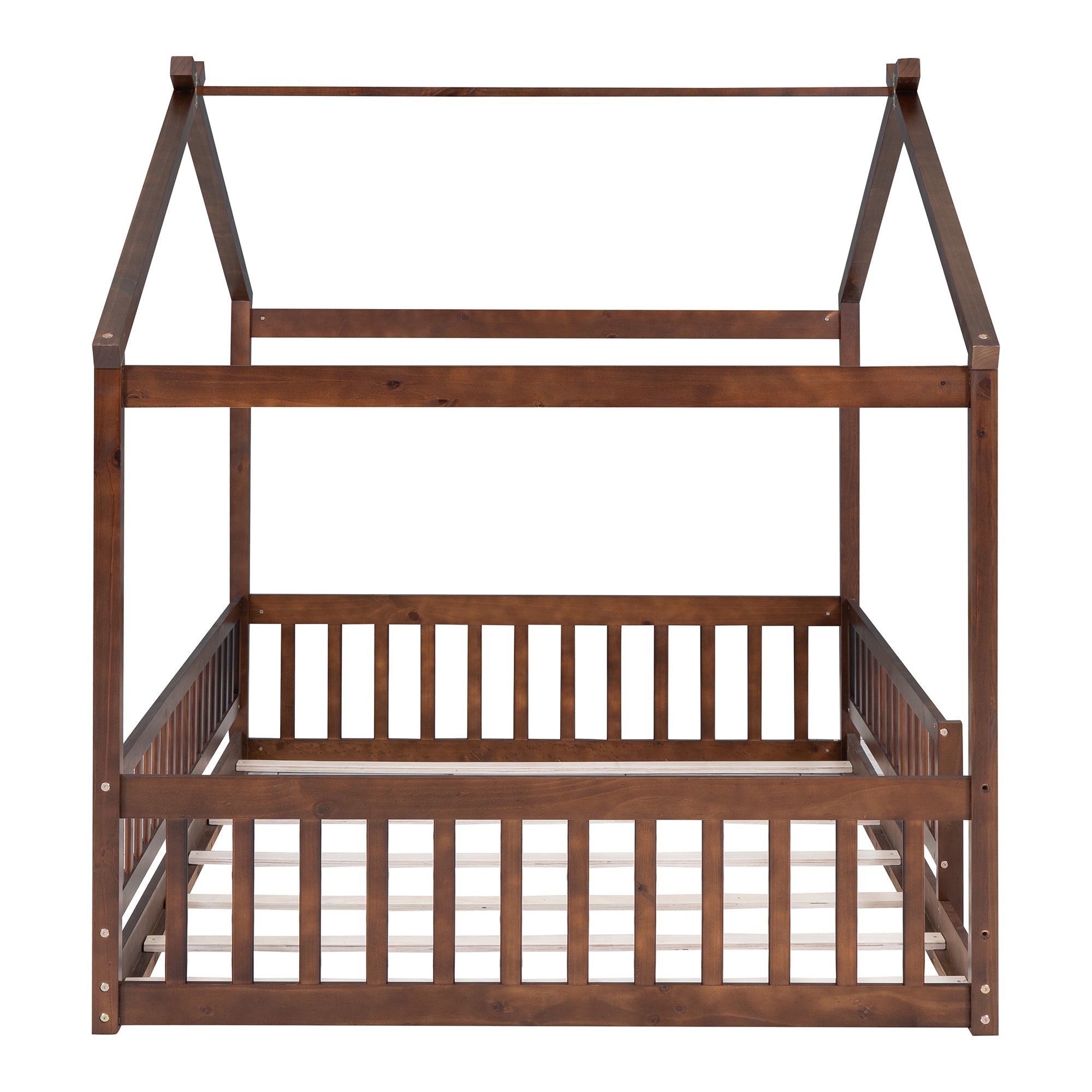 Full Size Wood Bed House Bed Frame with Fence, for Kids, Teens, Girls, Boys,Walnut