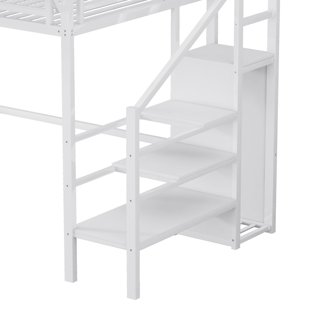 Twin Size Loft Bed with Stairs, Metal Full Loft Bed with Storage Shelves, High Loft Bed with Wardrobe for Kids Teens,White(Expect Arrival Date 2025/9/22)