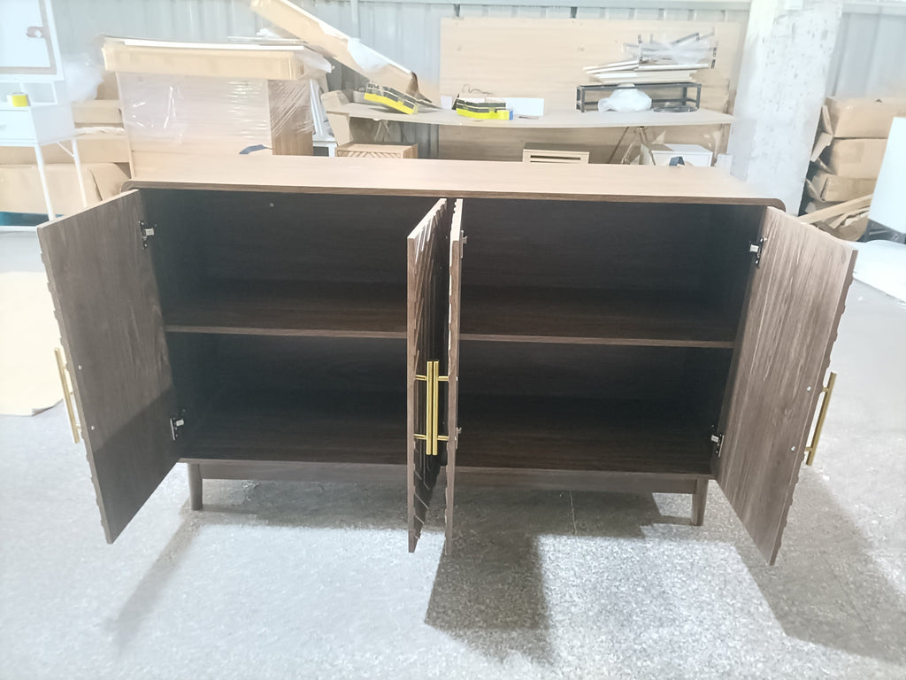 Modern Carved 4-Door Sideboard Buffet Cabinet with Storage, Adjustable Layer Board, Walnut Finish