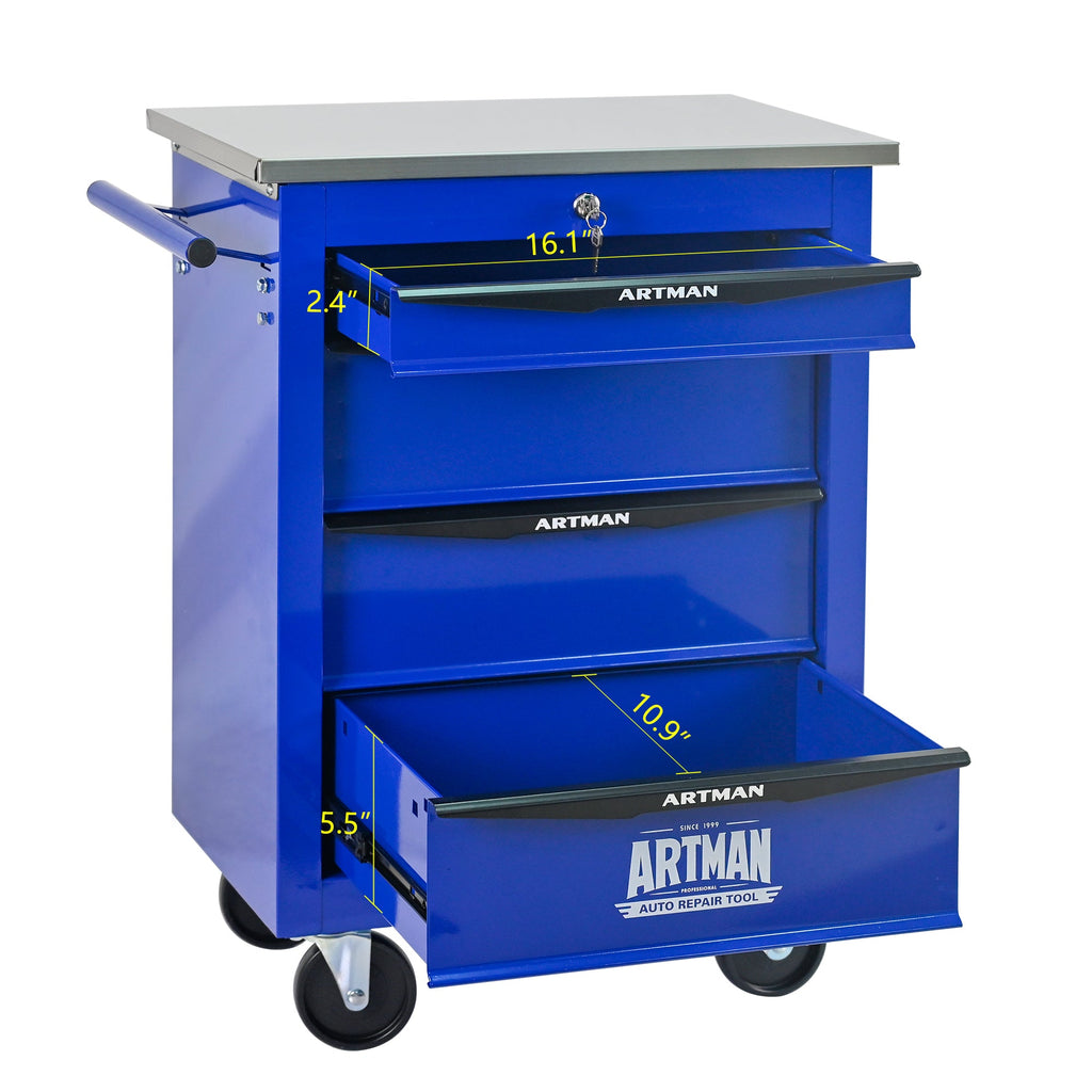 4 Drawers Multifunctional Tool Cart with Wheels,Metal Rolling Tool Cart Storage for Garage Workshop Warehouse Repair Shop--With  Stainless Steel Roof- BLACK&BLUE