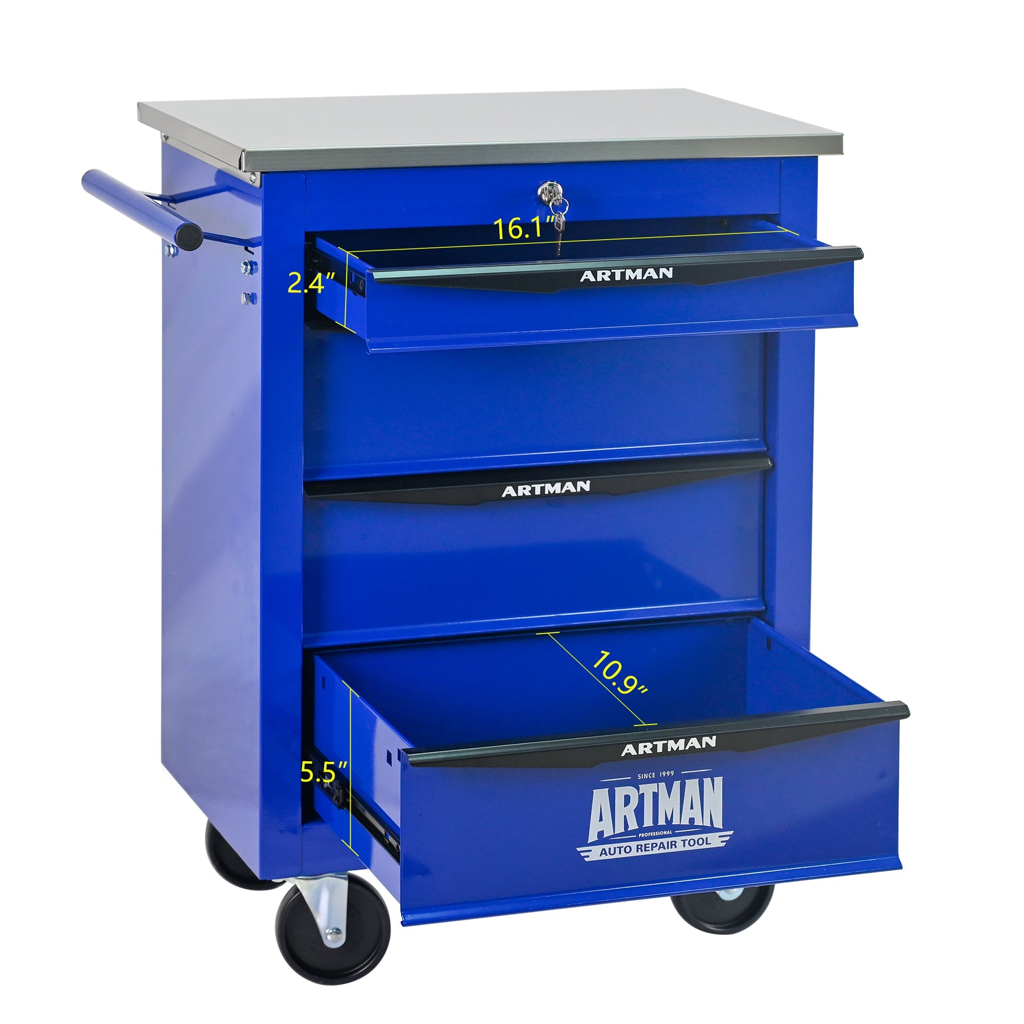 4 Drawers Multifunctional Tool Cart with Wheels,Metal Rolling Tool Cart Storage for Garage Workshop Warehouse Repair Shop--With  Stainless Steel Roof- BLACK&BLUE