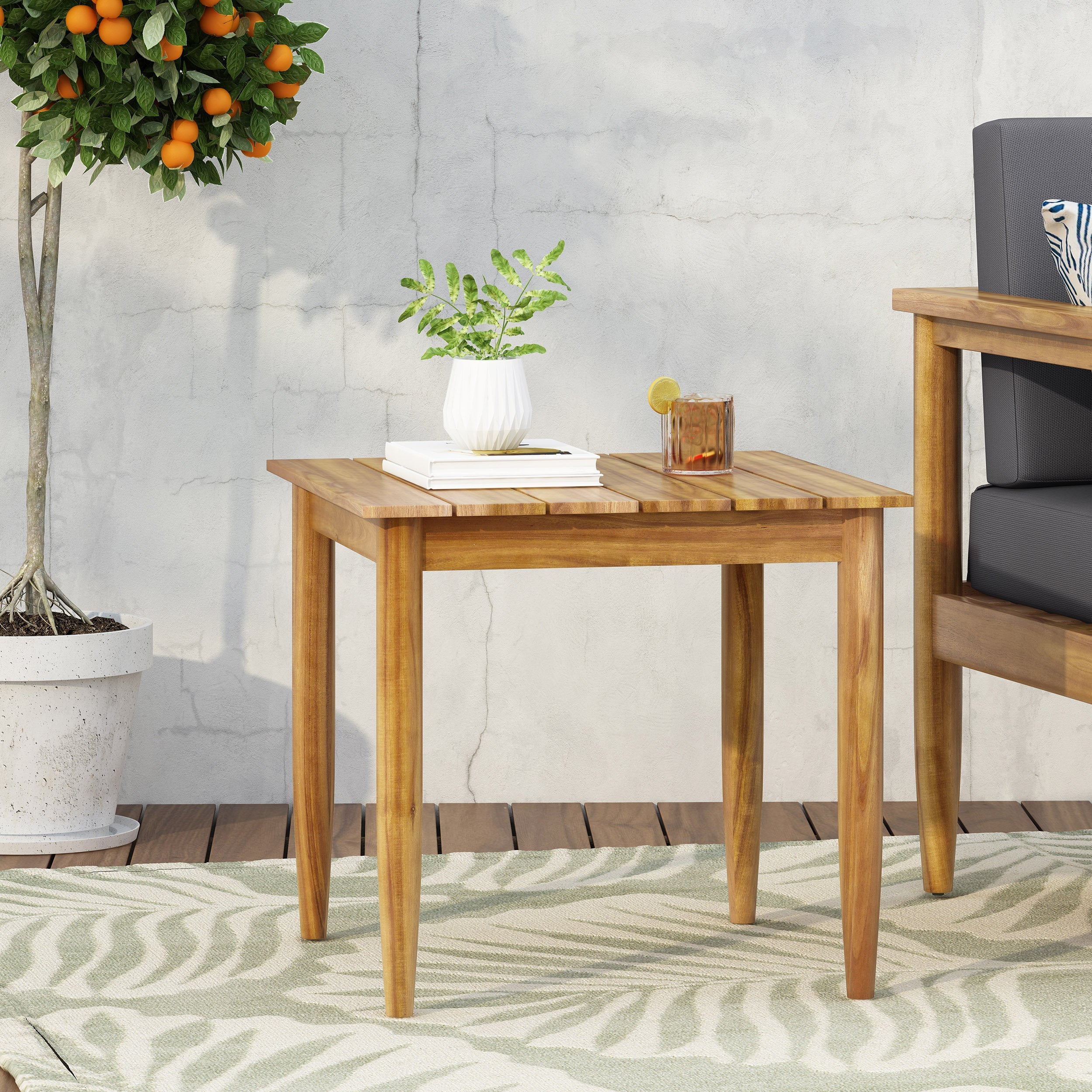 Outdoor Square Side Table with Slatted Top and Wood Frame, Teak
