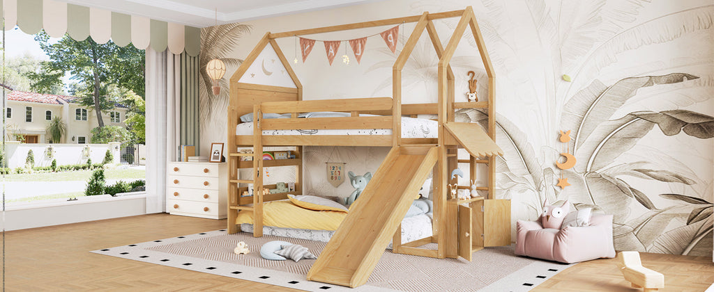 Twin Size Loft Bed with Bookshelf Playful Design for Kids House-Shaped Structure with Slide High-Quality Safety Rails,Natural
