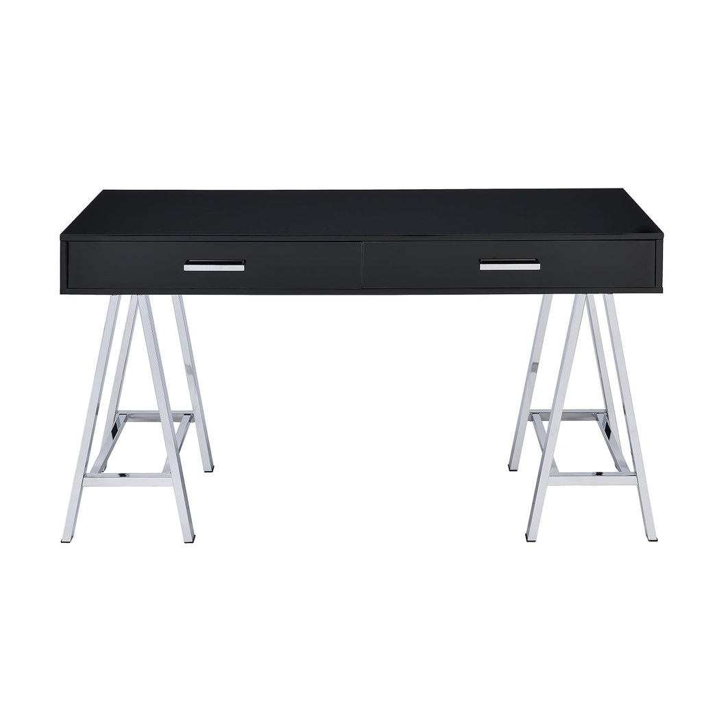 2 Drawers Writing Desk with Metal Base, Black High Gloss and Chrome
