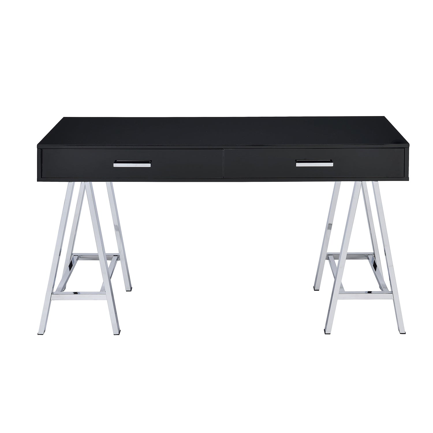2 Drawers Writing Desk with Metal Base, Black High Gloss and Chrome