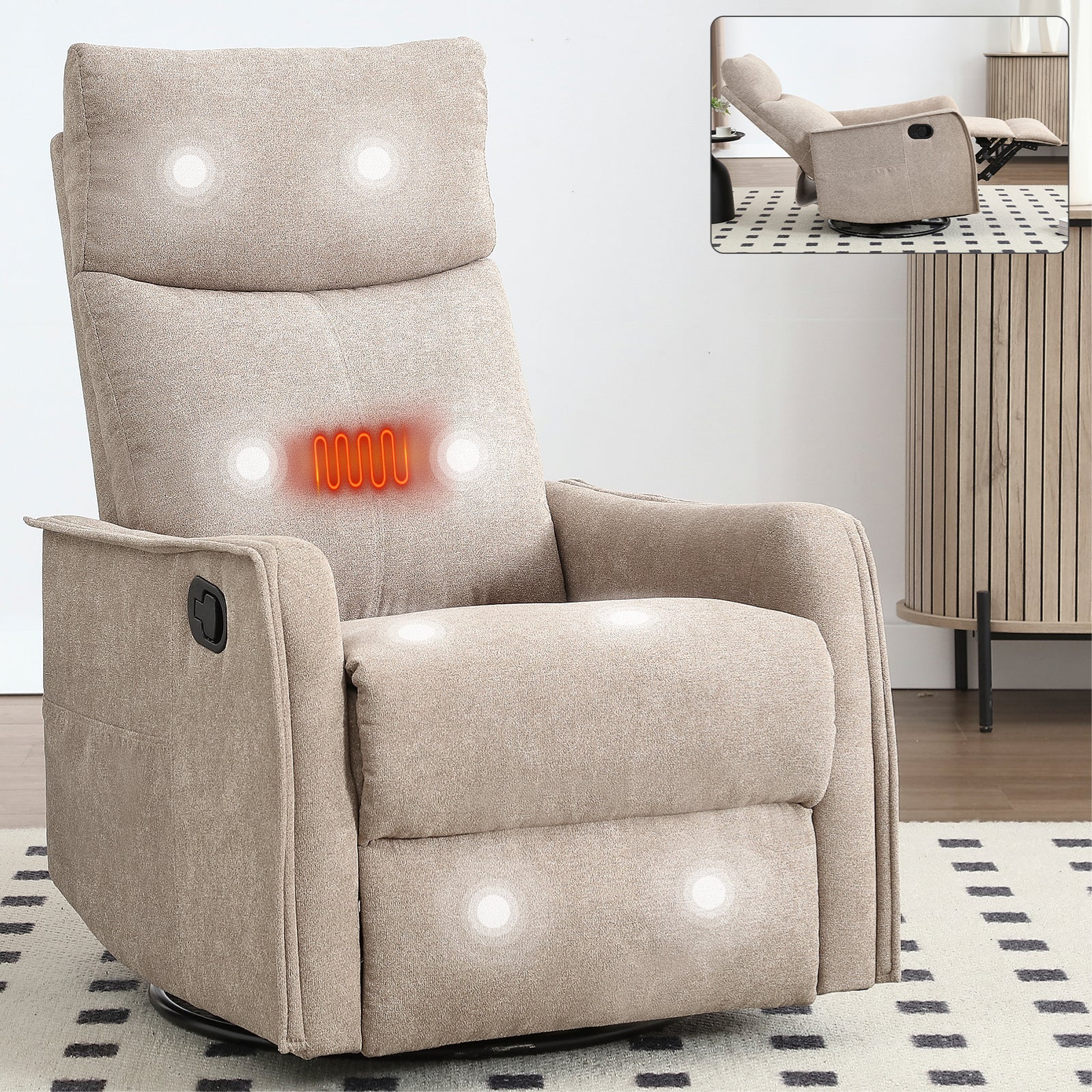 Heat Massage Manual Recliner Chair with Rocker and Swivel in Fabric for Living Room, Khaki