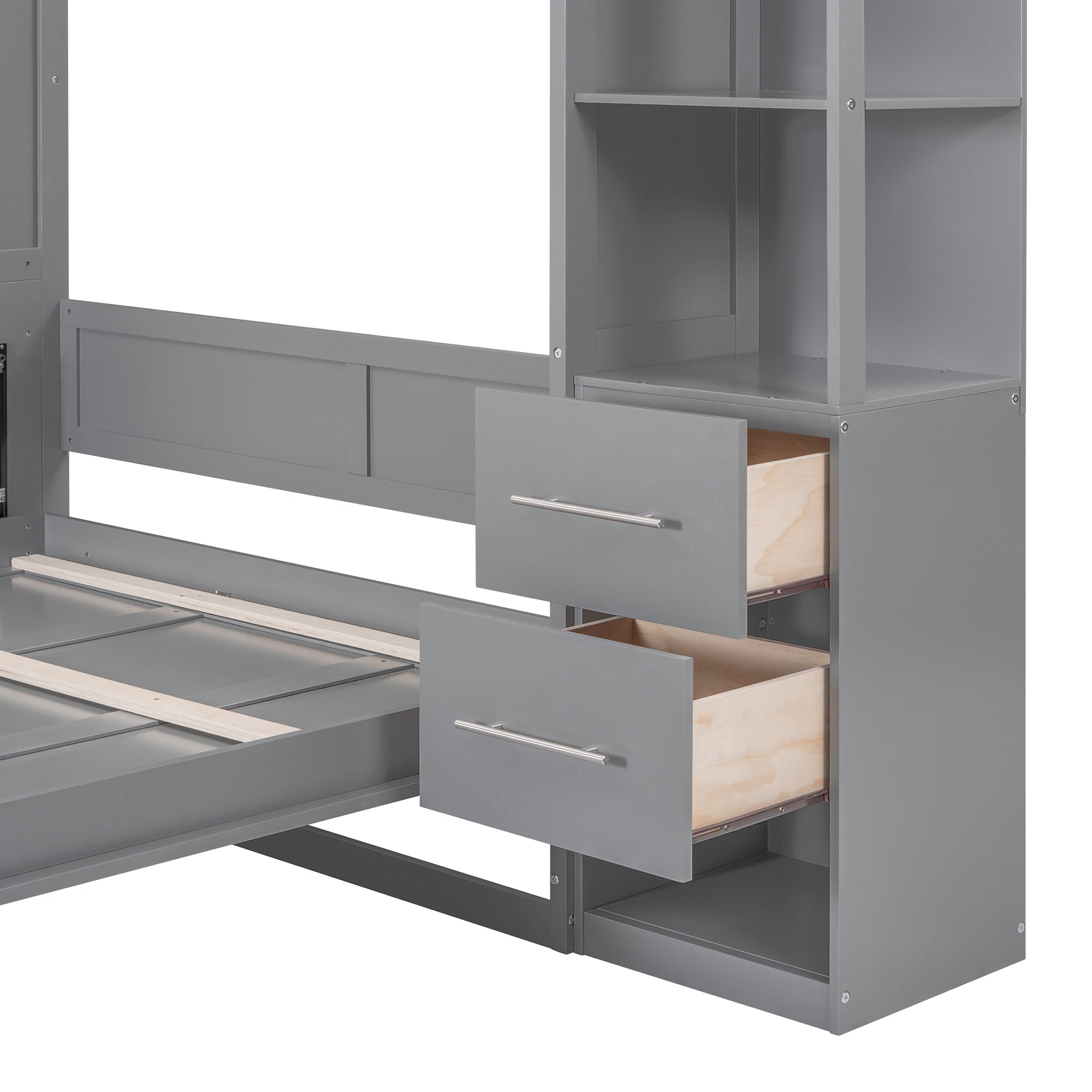 Queen Size Murphy Bed Wall Bed with Shelves, Drawers and Lights,Gray(OLD SKU:LP000566AAE-1)