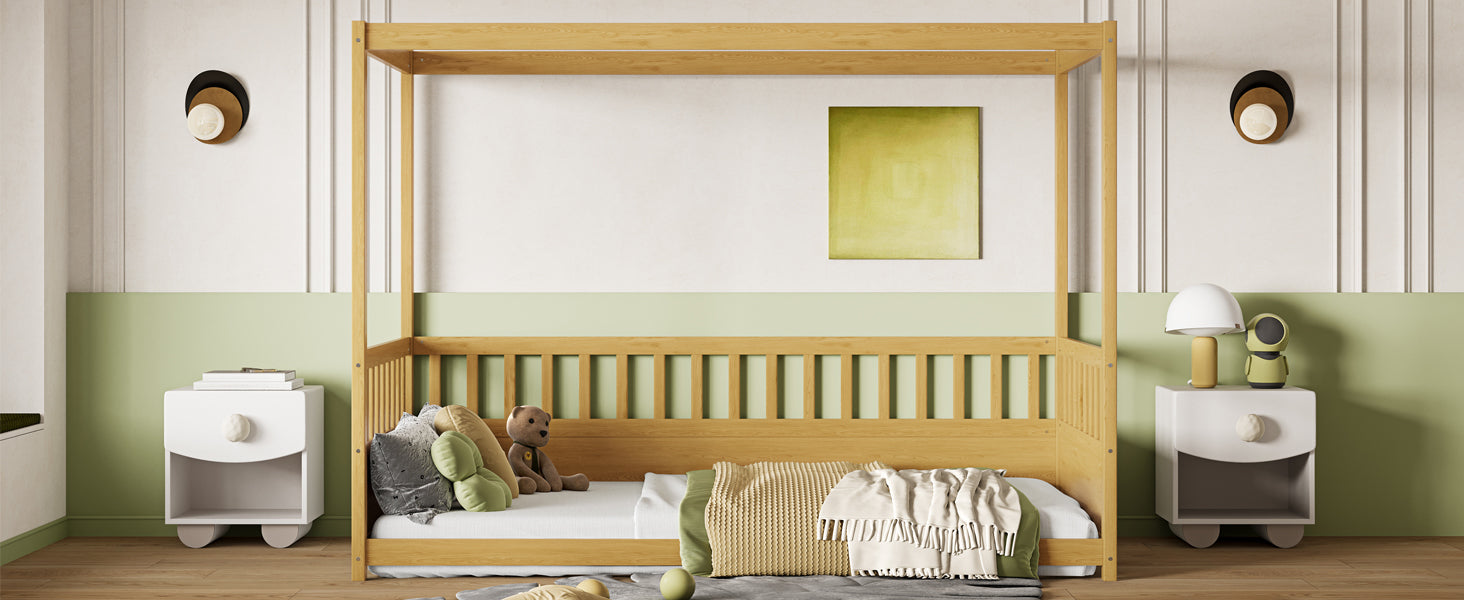 Twin Size Canopy Bed Frame with Guardrails for Kids,Floor Bed Twin with Four Poster Design,Kids Montessori Floor Bed,Wood Canopy Bed Frame for Girls,Boys(Twin,Natural)