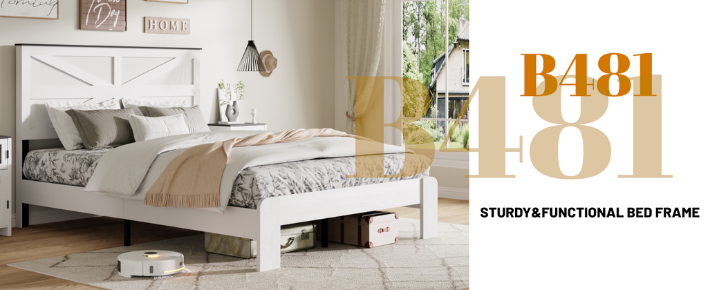 Full Bed Frame Headboard , Wood Platform Bed Frame , Noise Free,No Box Spring Needed and Easy Assembly Tool,Large Under Bed Storage,White