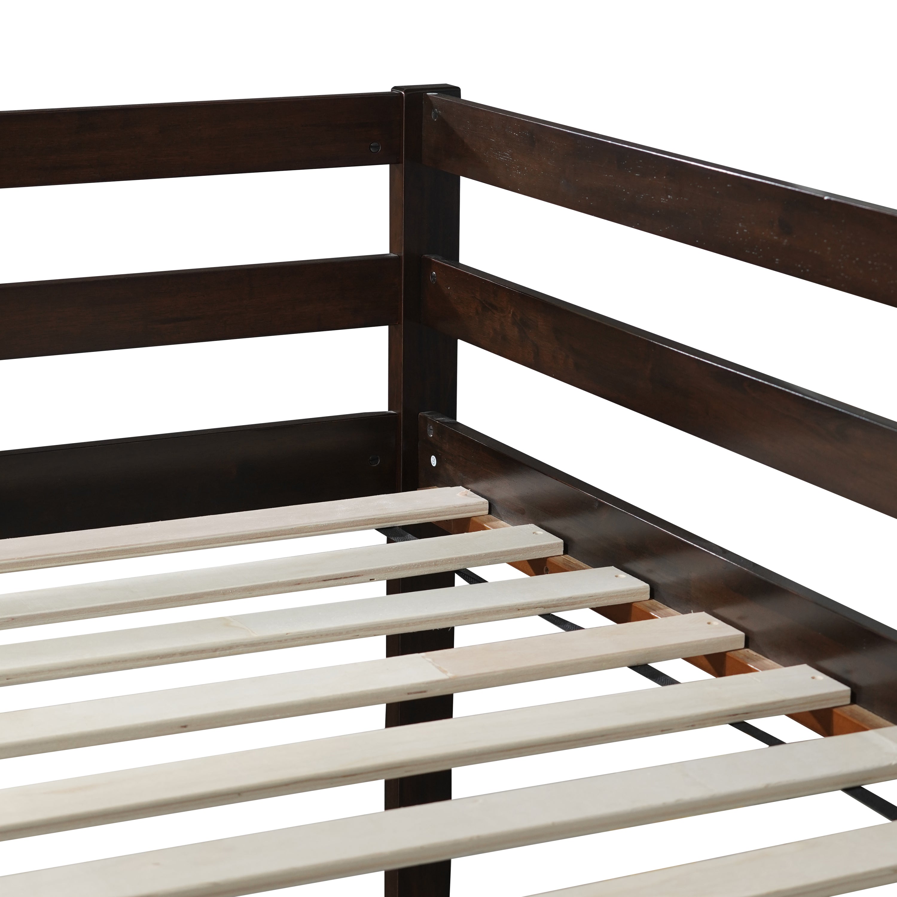 Solid Wooden, Solid Rubber Wooden Twin over Twin Floor Bunk Bed with Ladder, with Bed Platform of Strengthened Slats  , Espresso