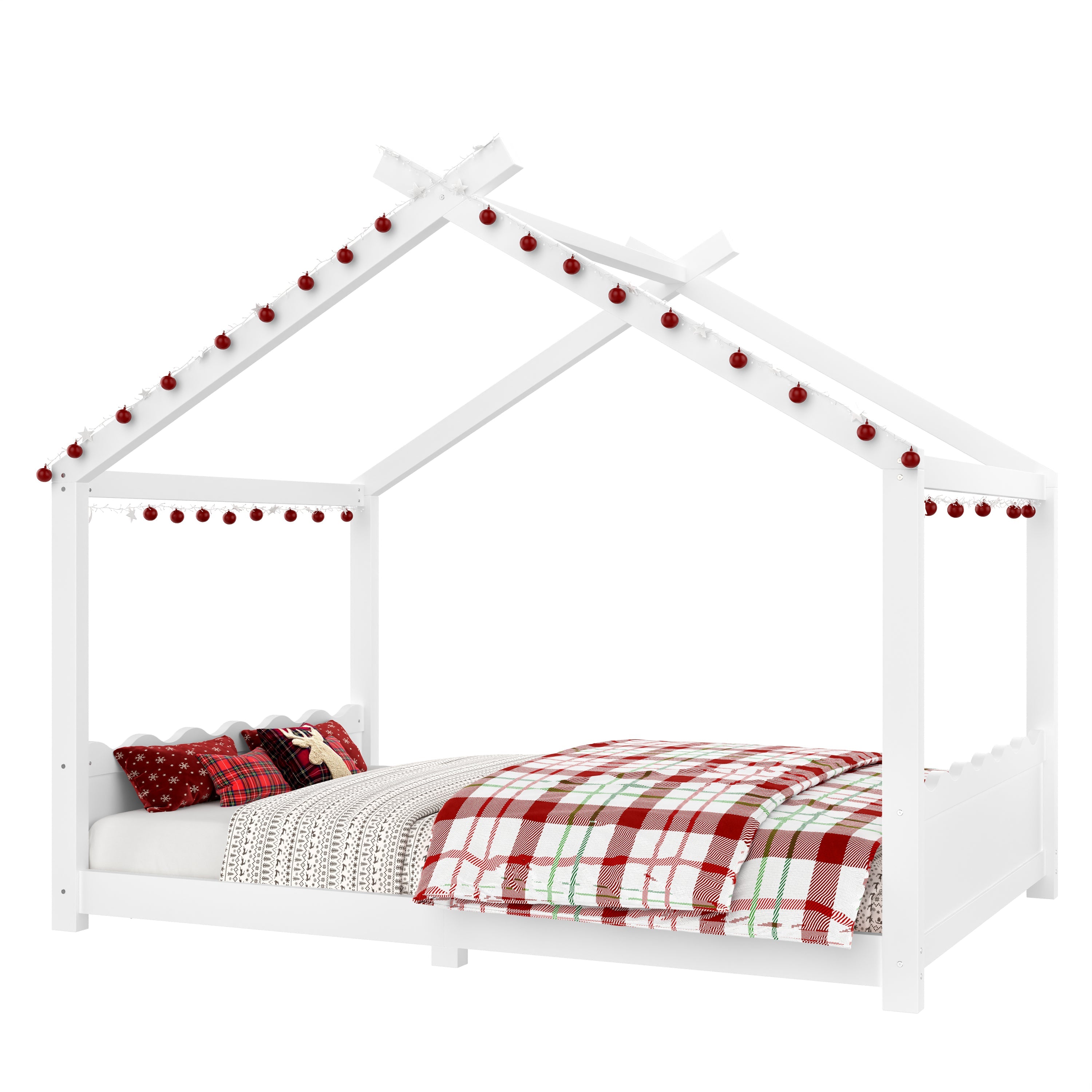 Full House Floor Bed with Support Slats, Solid Wood House Bed Frame for Kids, No Box Spring Needed and Opening Constructure, White