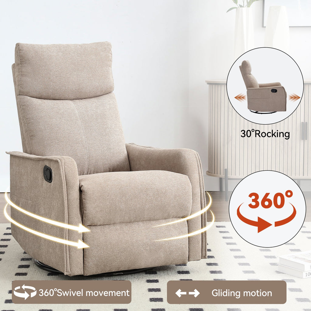 Heat Massage Manual Recliner Chair with Rocker and Swivel in Fabric for Living Room, Khaki