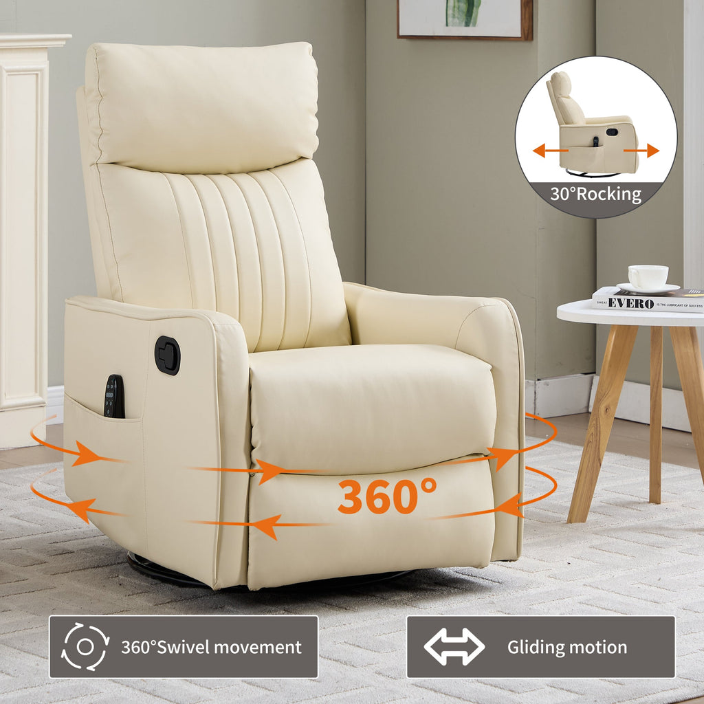 Beige Heat Massage Manual Recliner Chair with Rocker and Swivel in Faux Leather for Living Room
