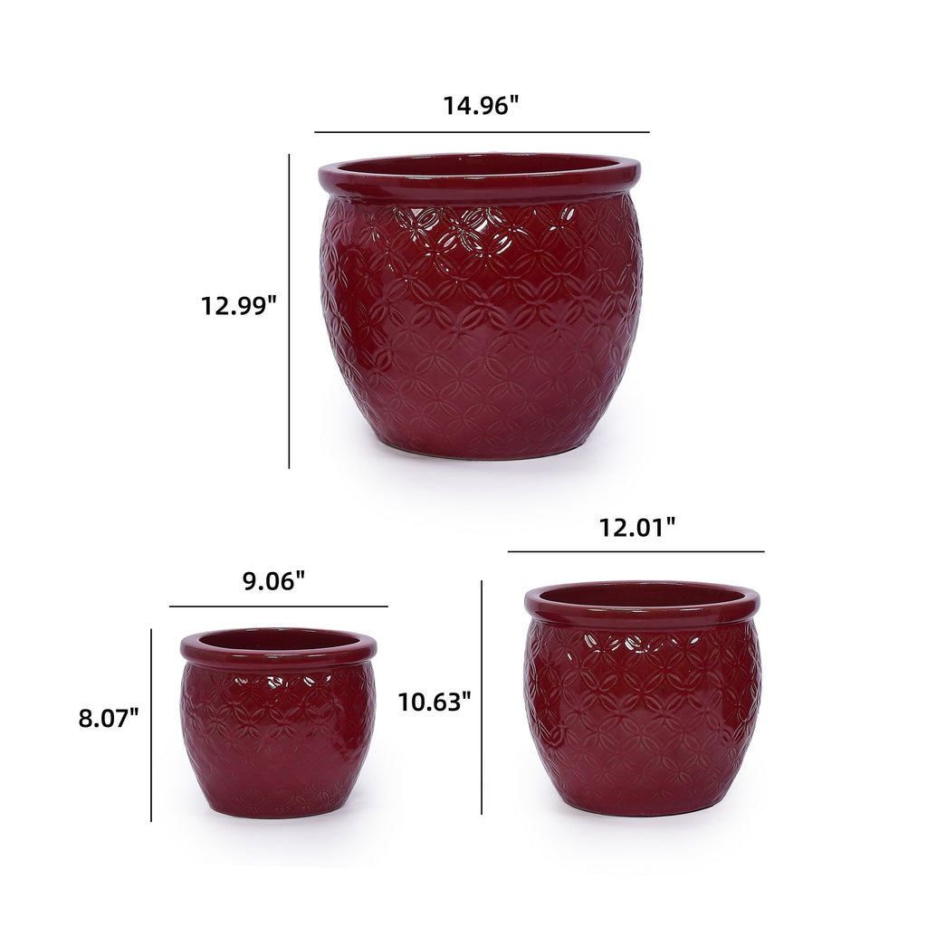 Set of 3 Ceramic Flowerpot, Modern Planter for Patio, Garden, Windowsill - Red