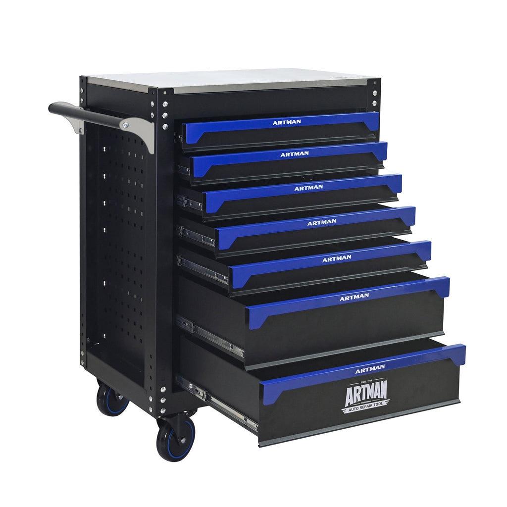 30-inch 7-drawer Iron-top Practical Rolling Steel Tool Cart, With Handle and Wheels, Storage Cabinet for Garages, Warehouses, Repair Shops, Requires Assembly of the the Tool Cart - Black & Blue