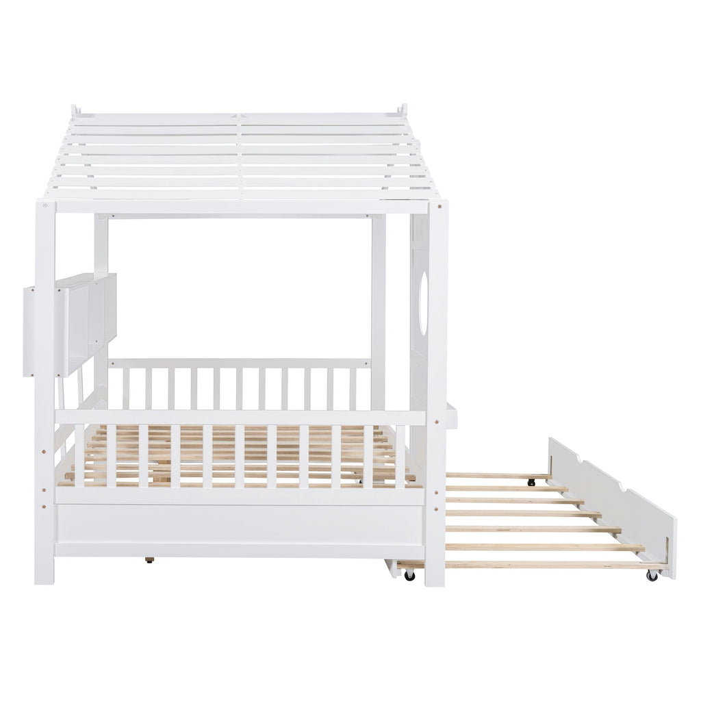 Wooden Full Size House Bed With Trundle, Modern Design for Kids with Storage Shlef, White(old SKU HL000095AAW)