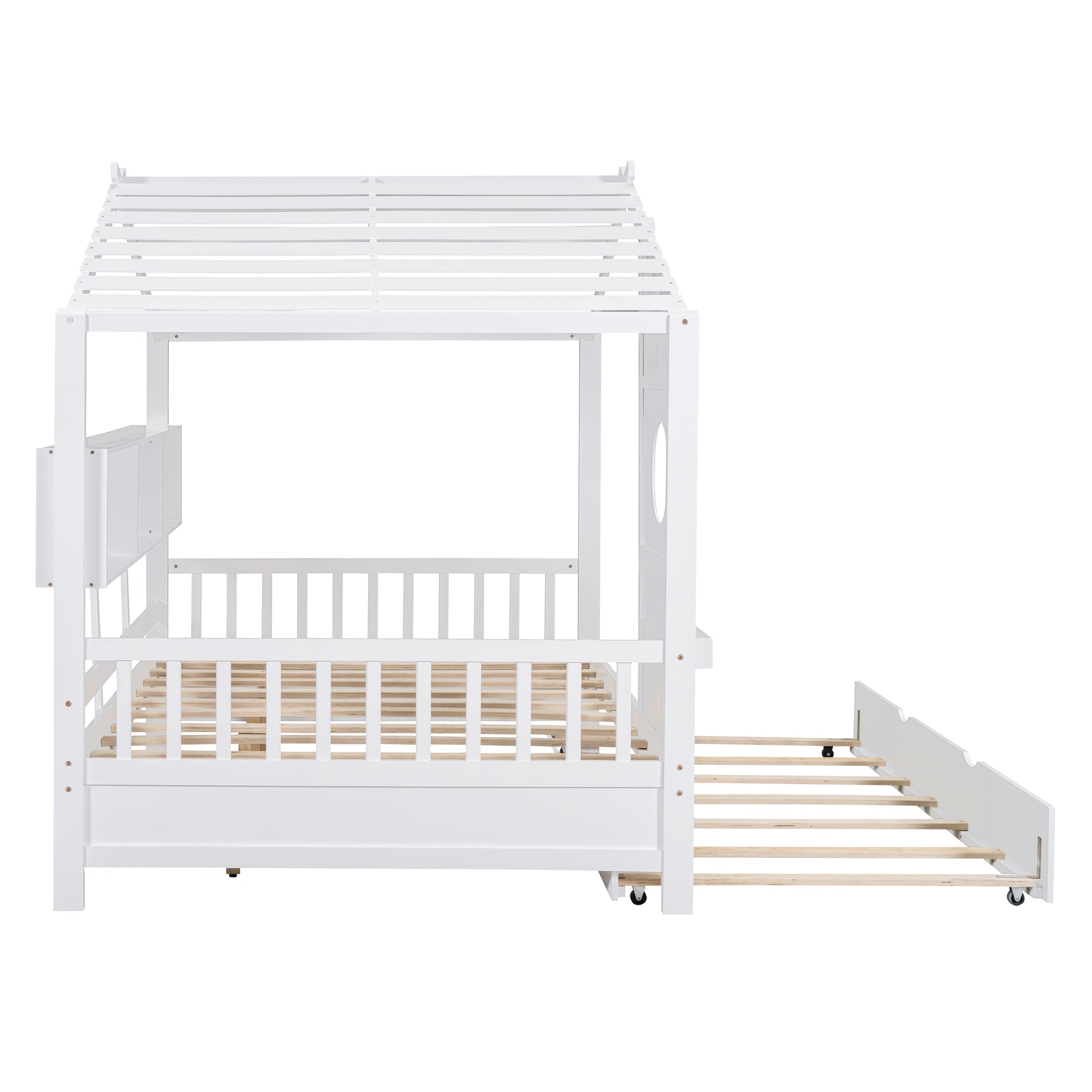 Wooden Full Size House Bed With Trundle, Modern Design for Kids with Storage Shlef, White(old SKU HL000095AAW)