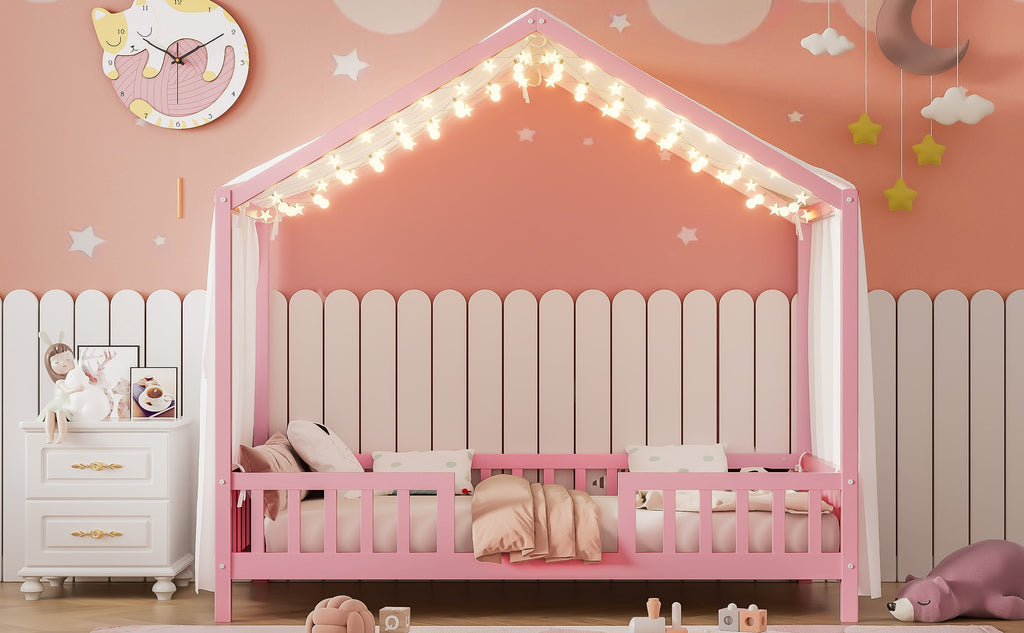 Montessori Floor Bed with Canopy, Twin Bed Frame for Kids, House Shape Kids Bed Frame with High Railings, Wood Kids Bed with Roof, Kid Twin Bed, Pink