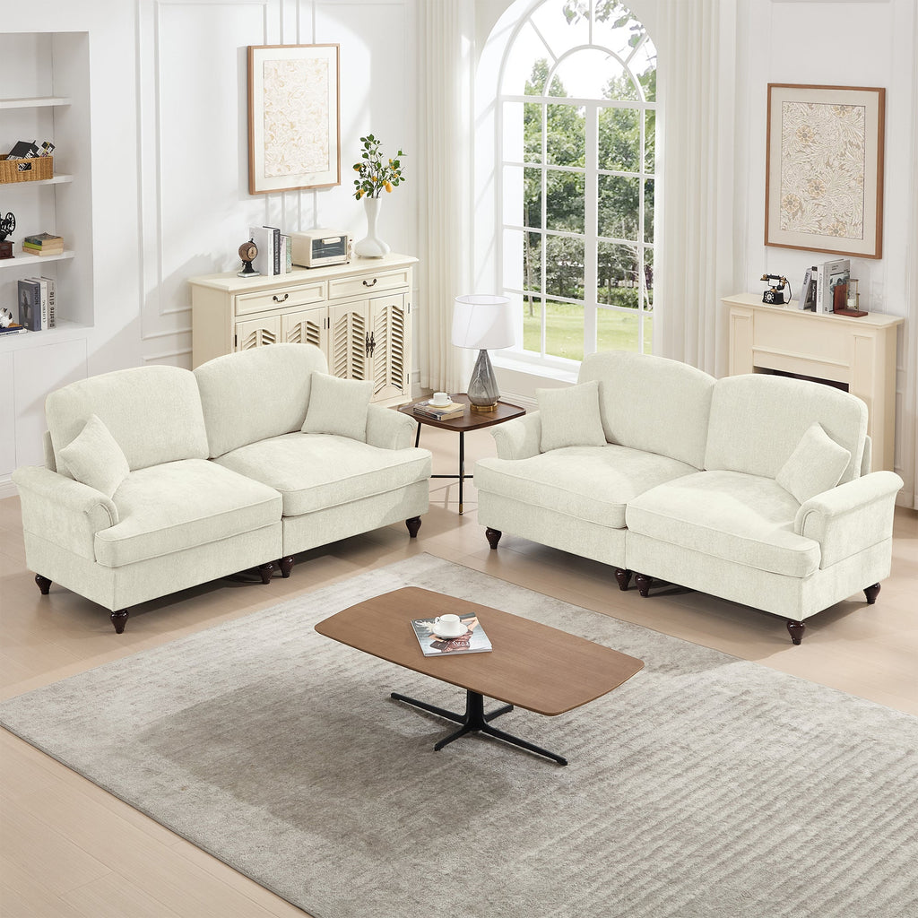 Classic 2 Piece Modular Couch Living Room Sofa Set with Flared Arms and Removable Ruffles Pleats Skirts and Spindle Legs, 2 Seater Sofa + 2-Seat Loveseat Sofa Sets for Living Room, Beige White