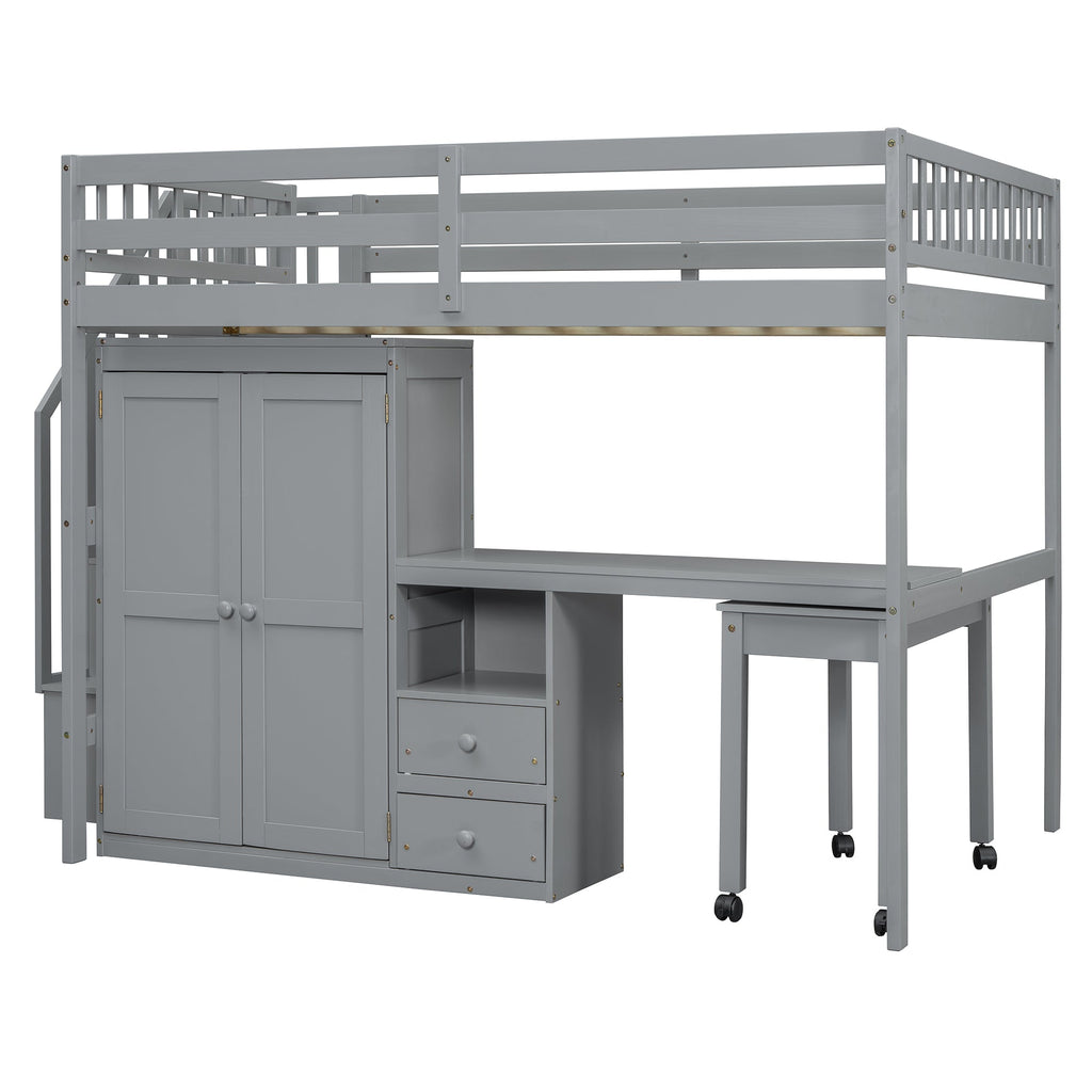 Full Size Loft Bed with Stairs, Bookshelf, Drawers, Desk & Wardrobe – Space-Saving Multifunctional Furniture for Kids & Teens-Gray