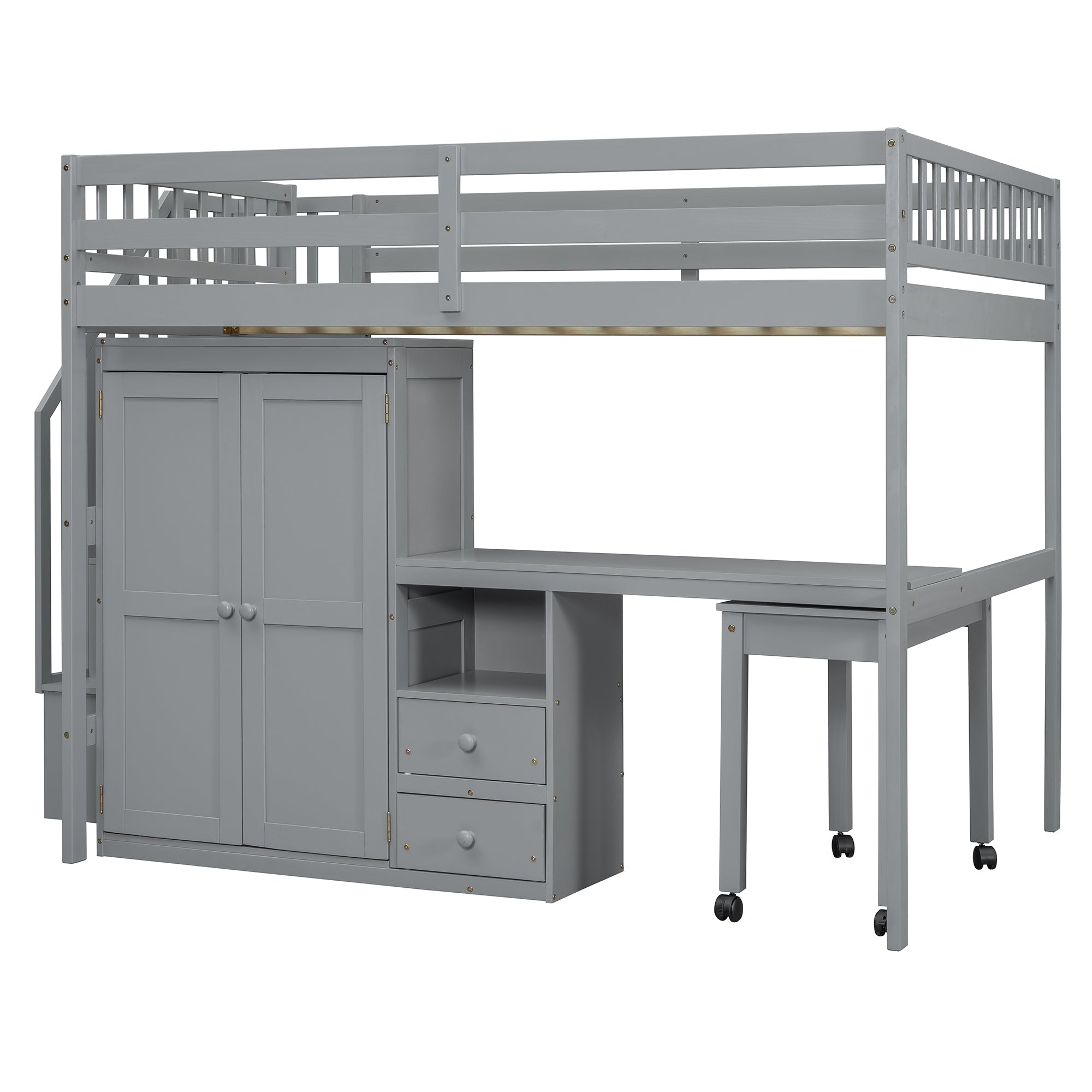 Full Size Loft Bed with Stairs, Bookshelf, Drawers, Desk & Wardrobe – Space-Saving Multifunctional Furniture for Kids & Teens-Gray