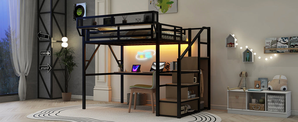 Full Loft Bed with Desk and Charging Station, Full Size Metal Loft Bed with Stairs and Light for Kids Teens, Black, Patent Products