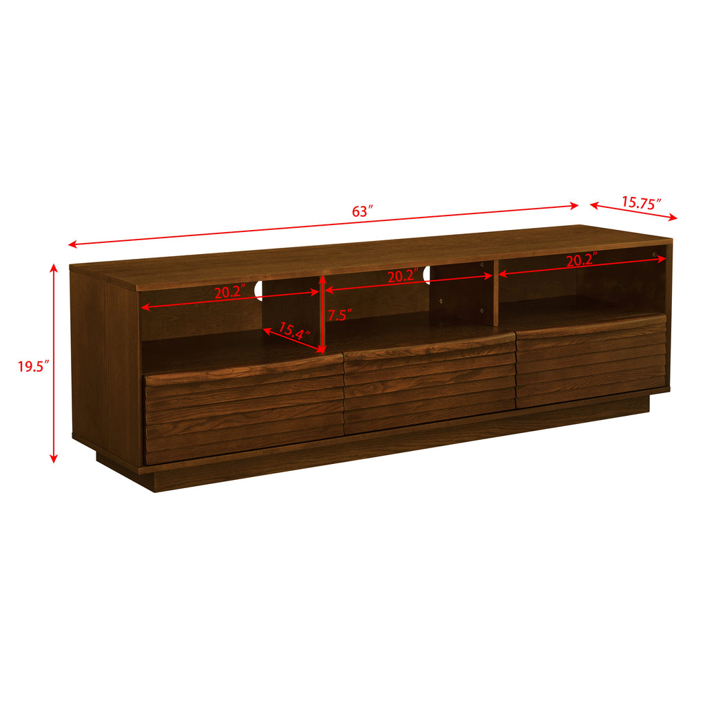 63' Mid-Century Modern TV Stand for TVs up to 75', Thick Sturdy Farmhouse Entertainment Cabinet, Media Console for Living Room, Louver Design & Solid Wood Drawers & Outlet Holes, Walnut
