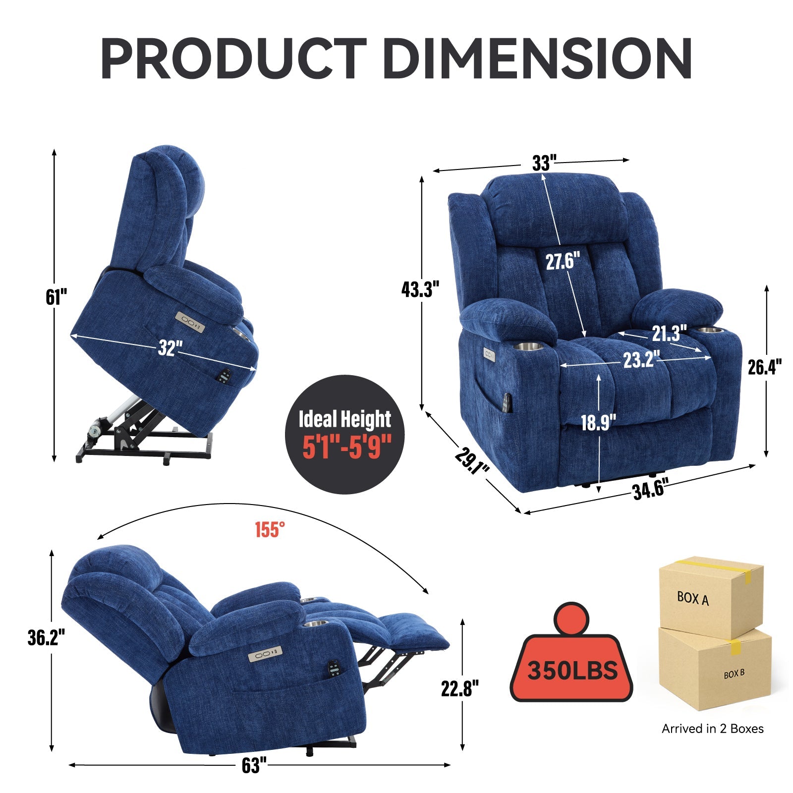 Up to 350 LBS Chenille Power Lift Recliner Chair, Heavy Duty Motion Mechanism with 8-Point Vibration Massage and Lumbar Heating, USB and Type-C Ports, Stainless Steel Cup Holders, Blue